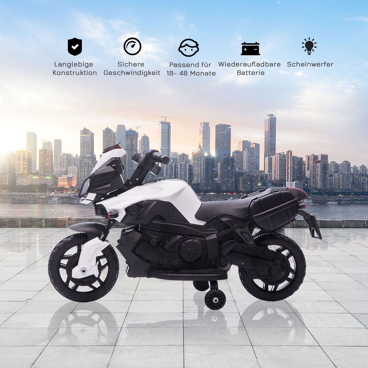 HOMCOM Elektromotorrad Kinderelektroauto Elektro-Kindermotorrad Kinderfahrzeug 6V LED-Licht simuliertes Motorgeräusch Metall PP Schwarz Weiß 88,5x 42,5x49 cm