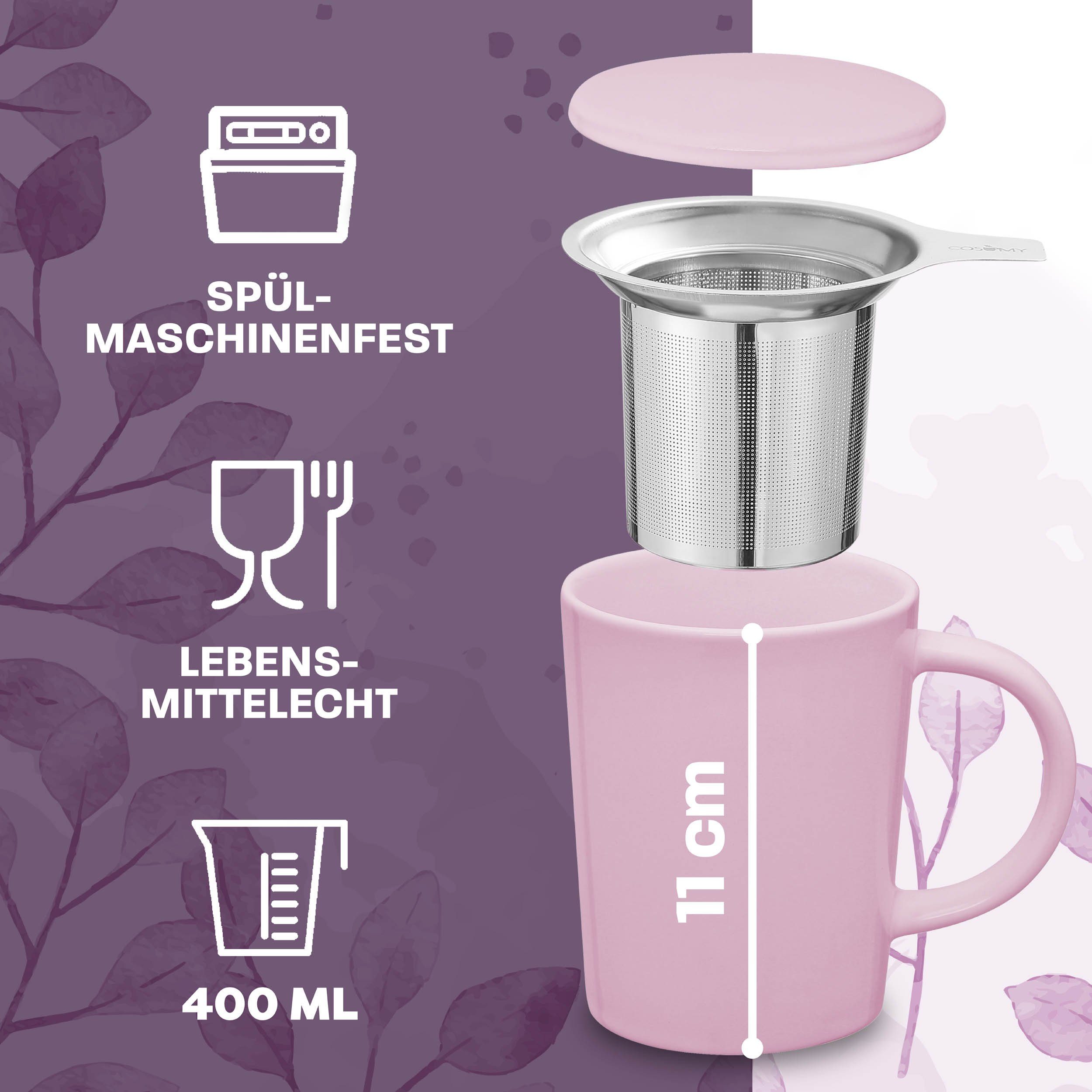 Cosumy Teeglas Teetasse mit Sieb und Deckel 400ml - Jumbotasse, Porzellan, Hält Lange warm - 400 ml Groß - Spülmaschinenfest