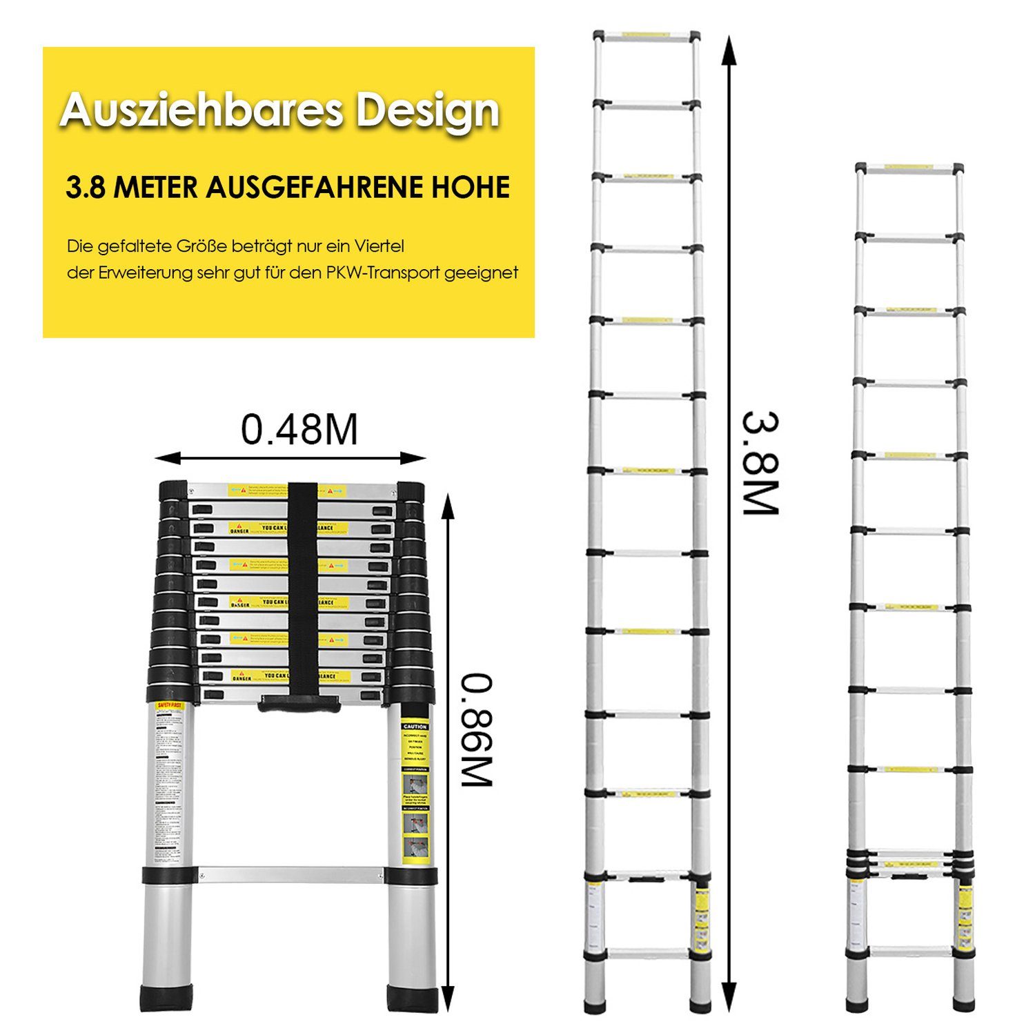 Lospitch Teleskopleiter Teleskopleiter Alu 3.8m Ausziehleiter Anlegeleiter Silber