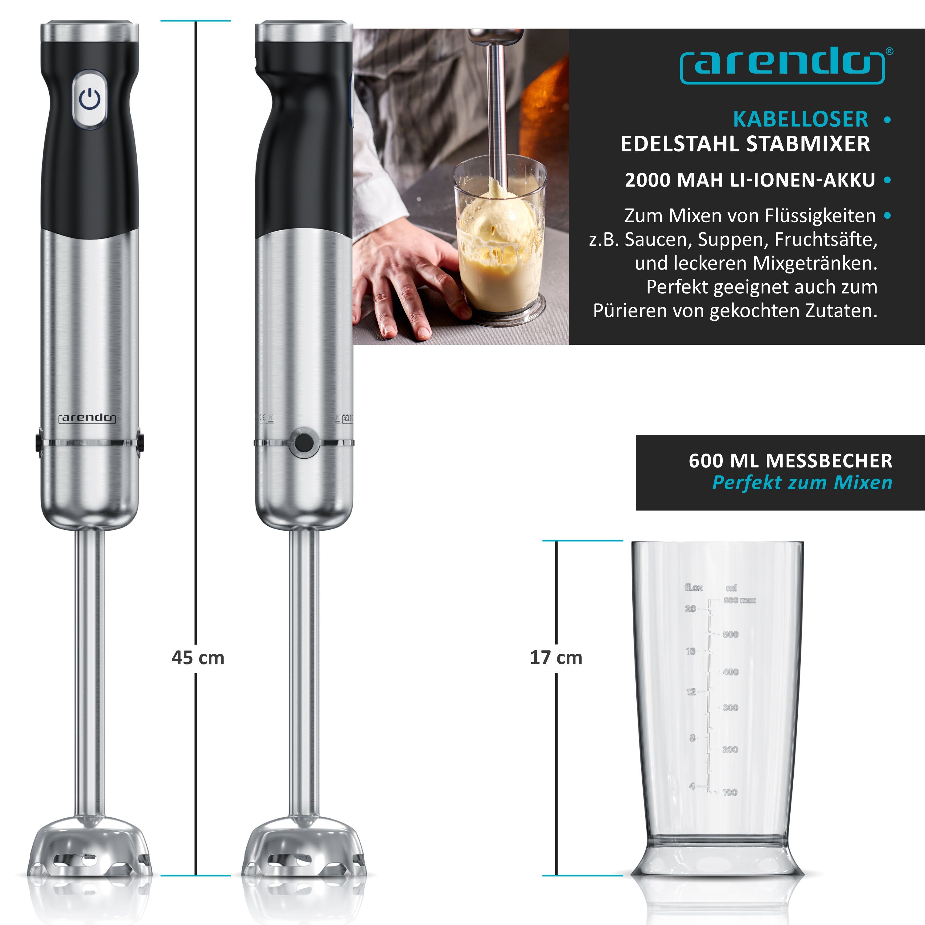 Arendo Stabmixer, 200 W, kabellos, Edelstahl, Pürierstab mit Akku, inkl. 600 ml Messbecher