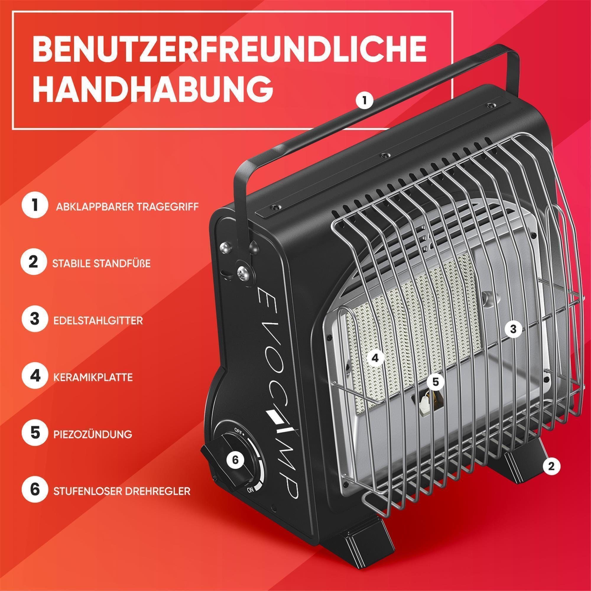 EVOCAMP Gaskocher und Gasheizung 2-in-1 tragbar, 1,7 kW, für Camping ohne Strom, ohne Gaskartuschen und Tragetasche