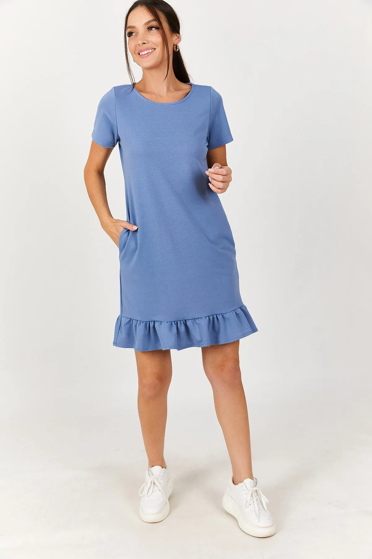 armonika  Damenkleid in Eisblau mit kurzen Ärmeln und sechs Rüschen ARM-20Y001032