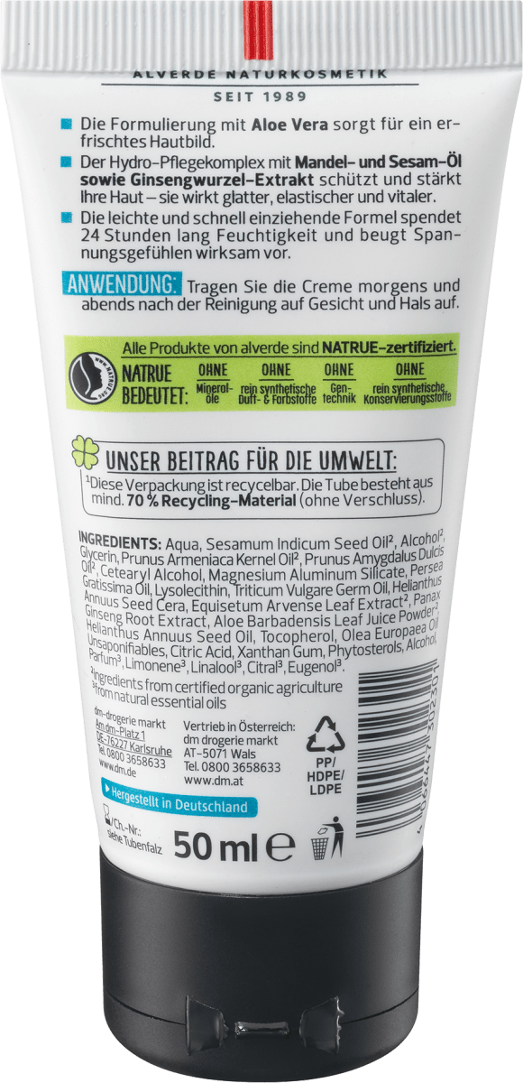 Gesichtscreme Hydro Nature Bio-Aloe Vera, 50 ml