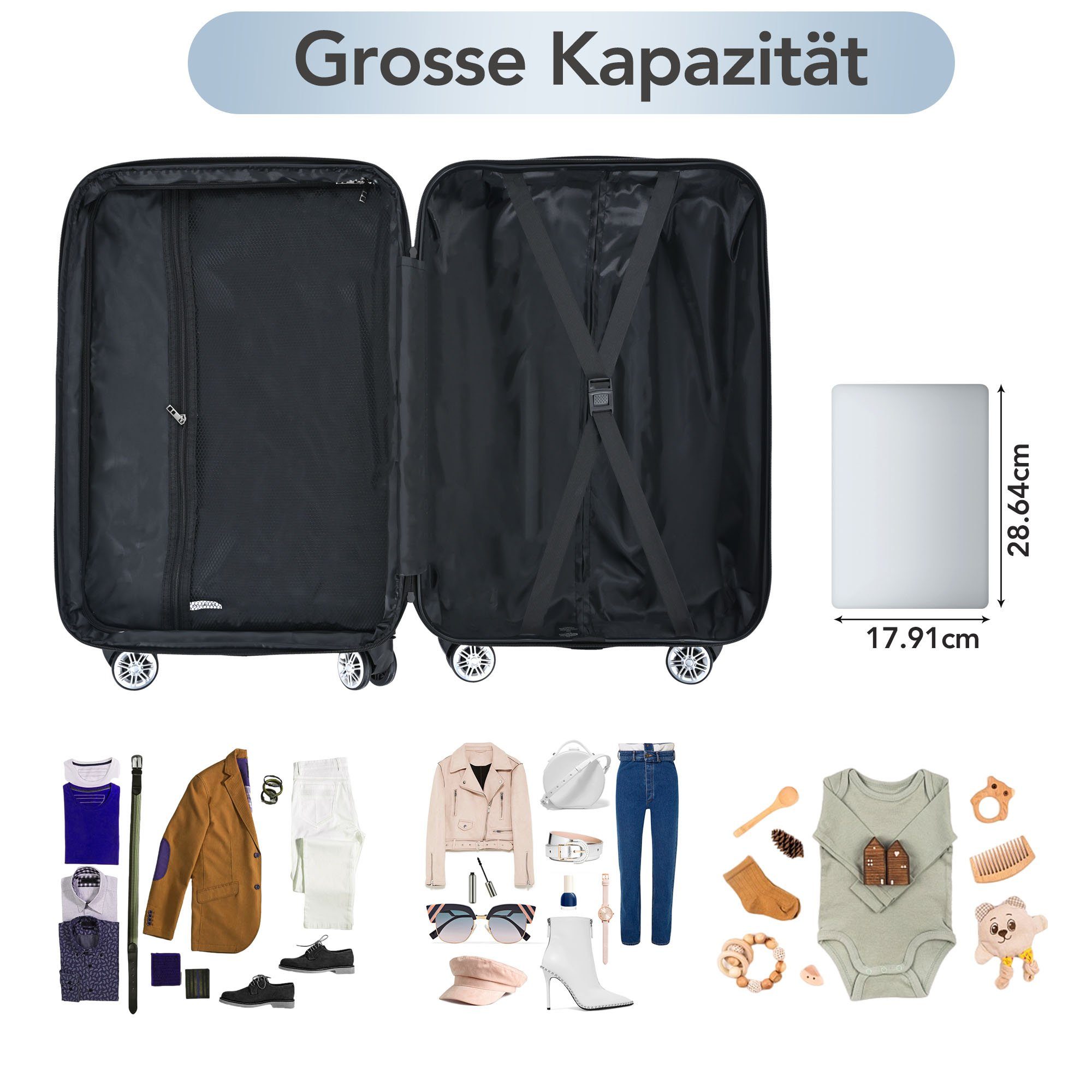 BlingBin Handgepäckkoffer Hartschalen-Handgepäck Universalrad Doppelrad mit Bremsen Grau XL, ABS-Material Mit TSA-Schloss XL - 42*28*74 cm