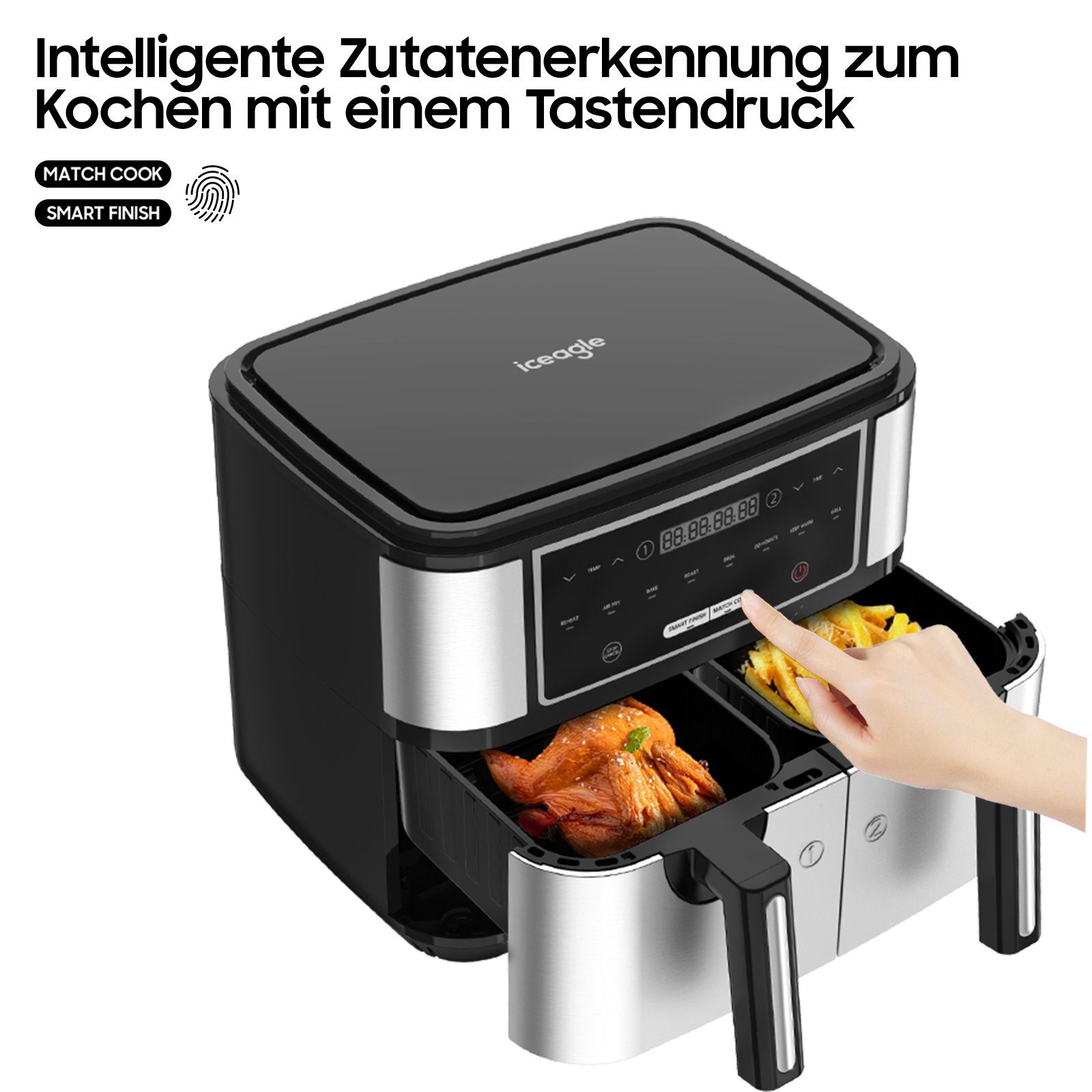 iceagle Heißluftfritteuse Airfryer KDF-5515DT, 9L Luftfritteuse mit Doppelkammer, 8 Programme, 2600,00 W, 4.5L+4.5L, Weniger Öl, Gesünder