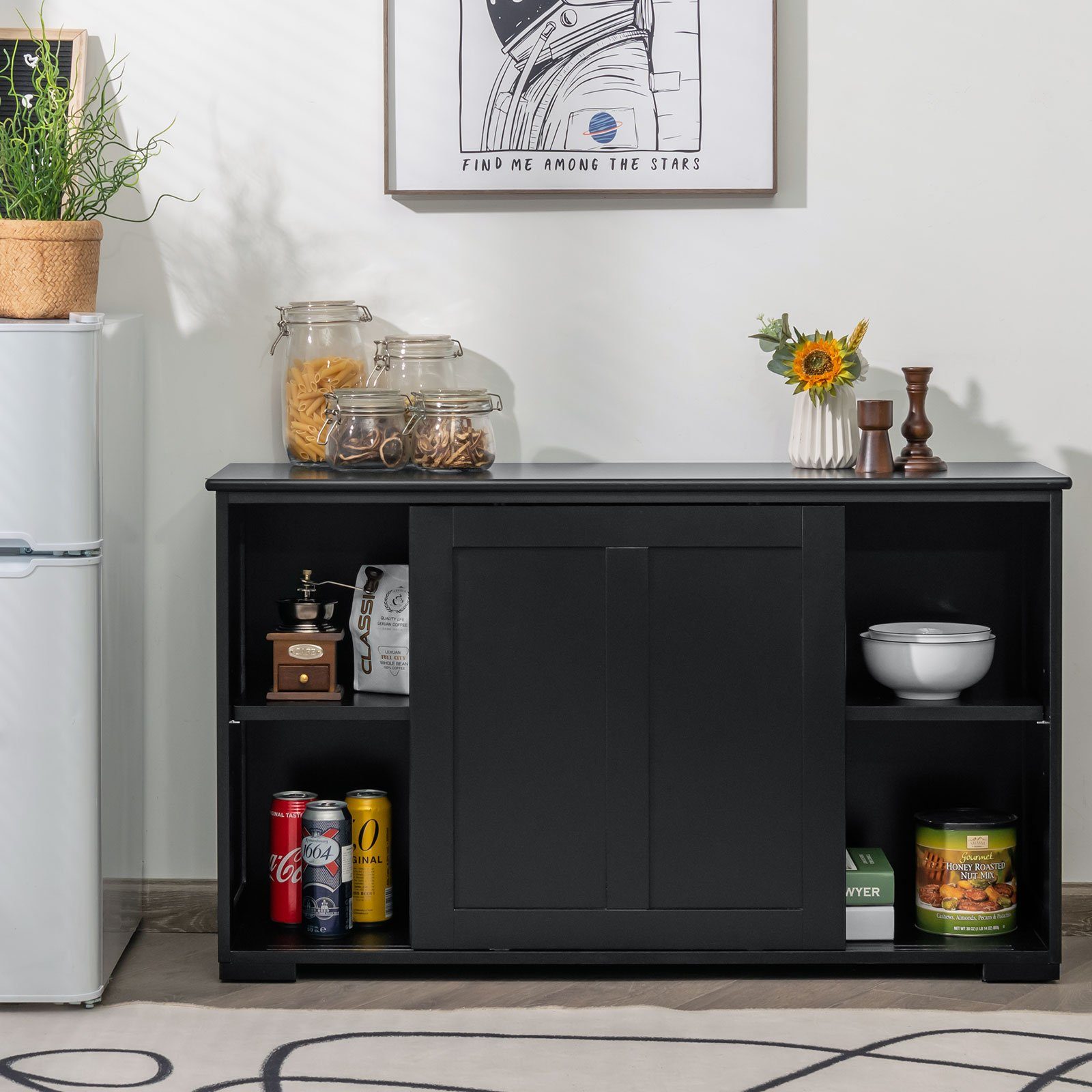 COSTWAY Sideboard, mit Schiebetüren, höhenverstellbarer Ablage, 107x33x60cm