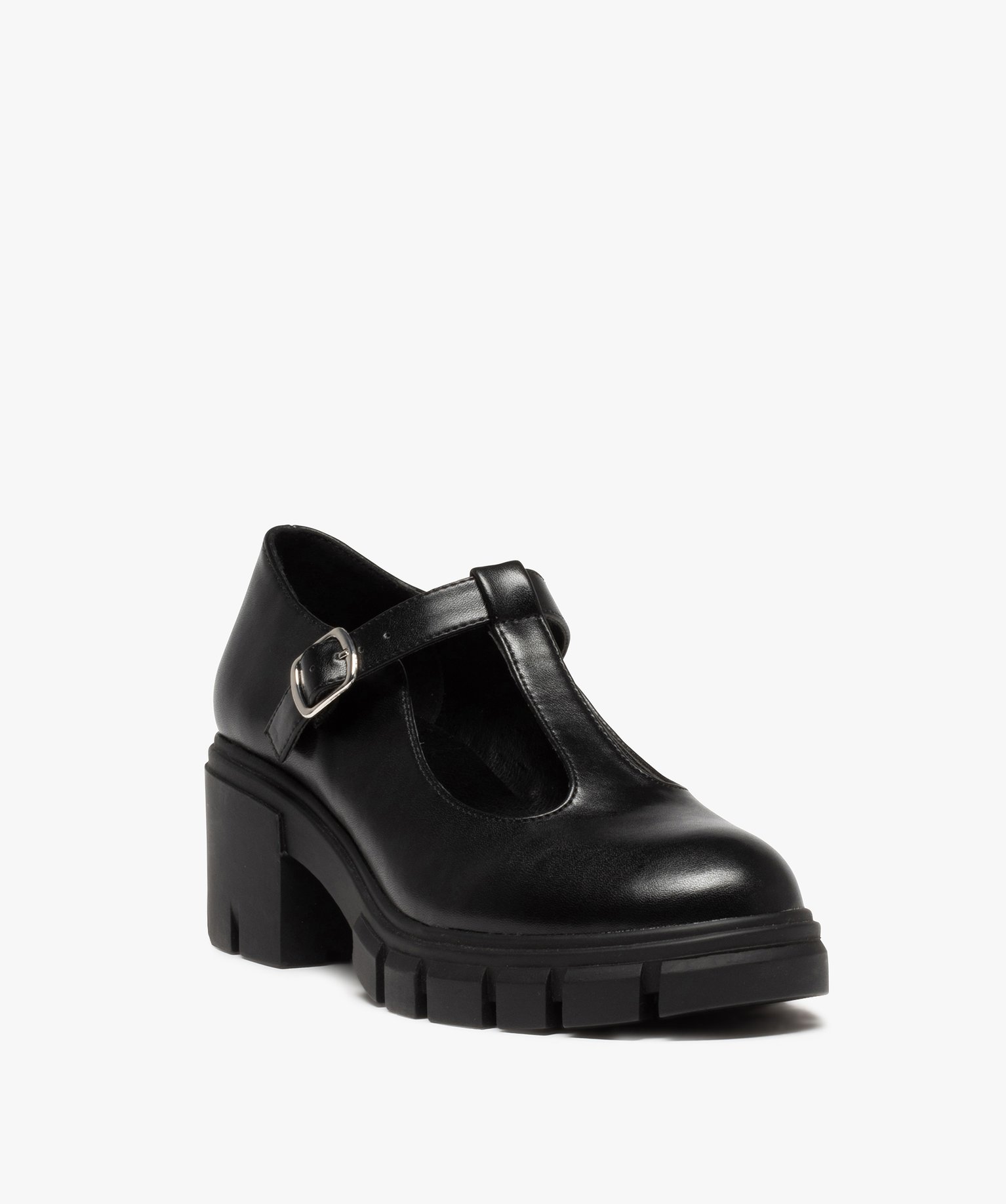 Derbies femme unis à boucle et à semelle crantée noir | GEMO