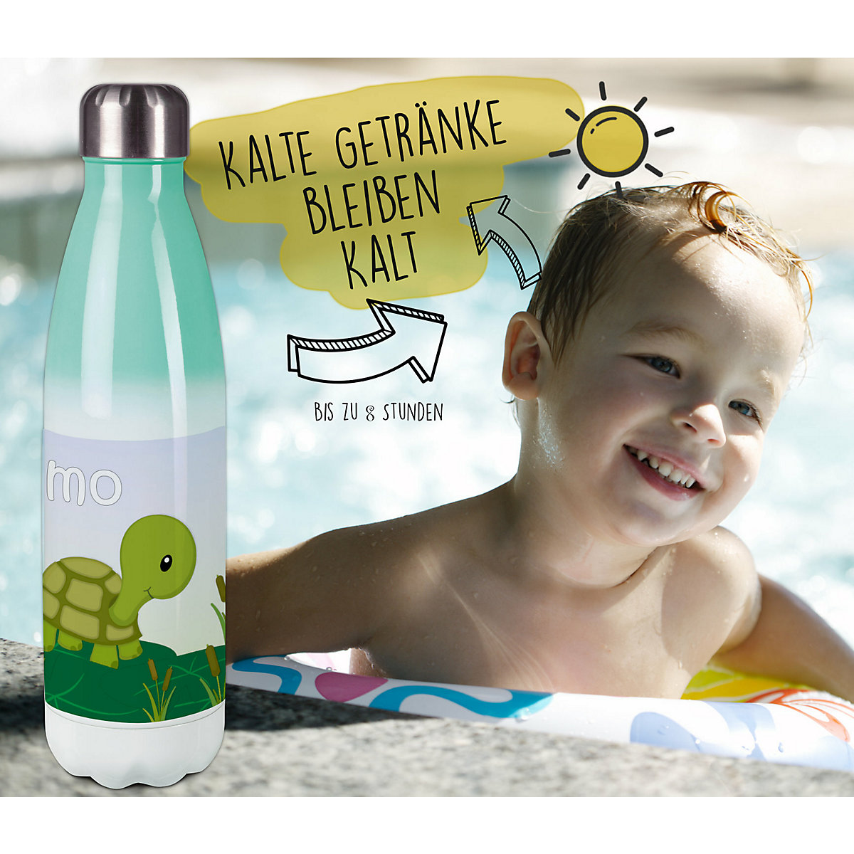 Edelstahl Kinder Thermoflasche / Trinkflasche bunt Schildkröte Spülmaschinenfest, Auslaufsicher, Bruchfest, Doppelwandig, Für Heißgetränke geeignet, Mit Deckel, Isoliert