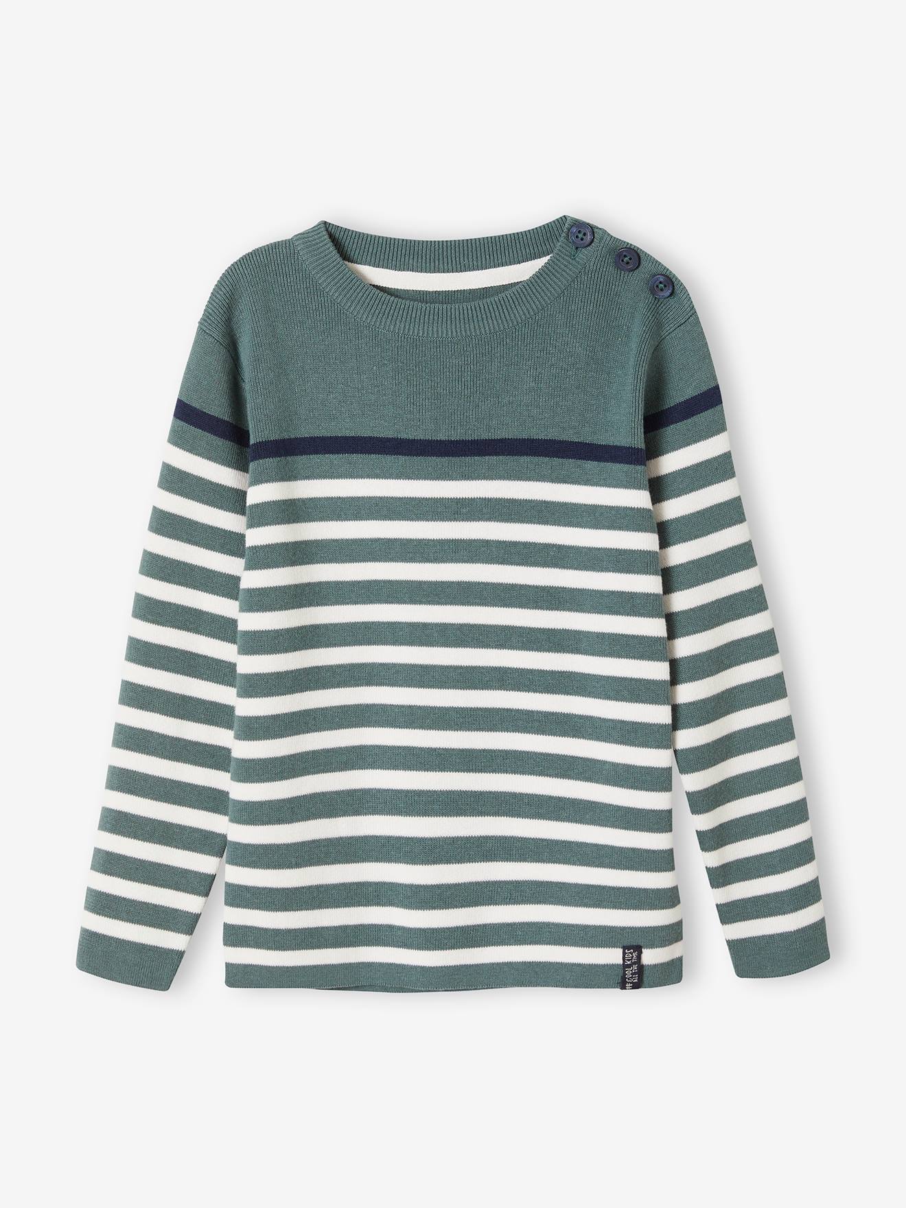Pull marin garçon ivoire rayé rouge et marine