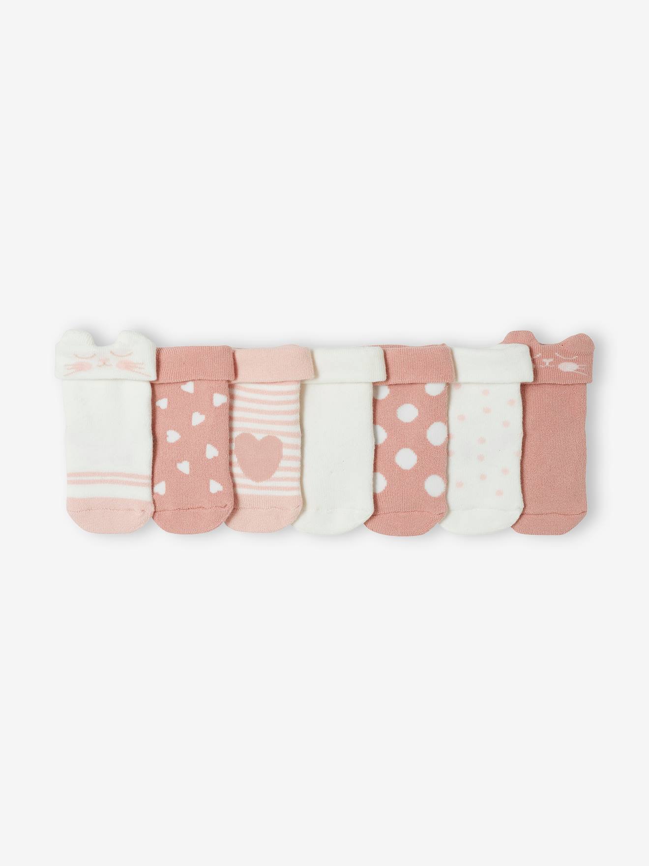 Vertbaudet 7er-Pack Mädchen Baby Stoppersocken mit Katze BASIC Oeko-Tex - rosa