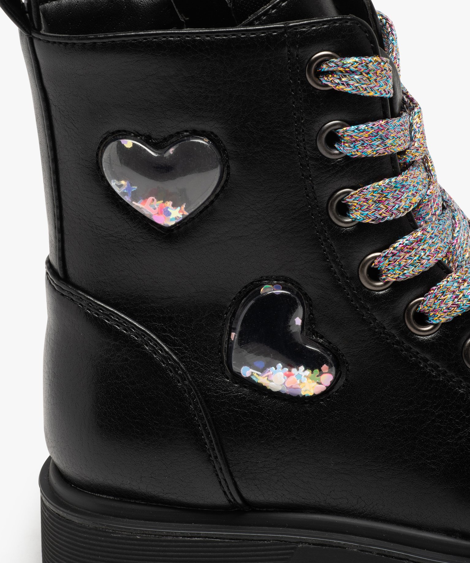 Boots fille unies à lacets multicolores avec coeurs en relief noir | GEMO