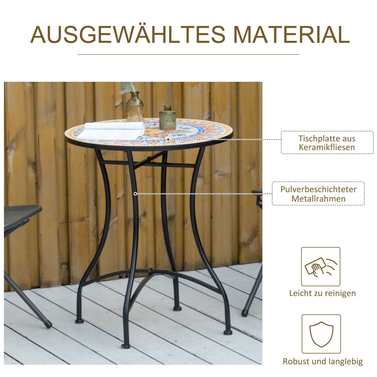 Outsunny Gartentisch Mosaiktisch rund Bistrotisch Beistelltisch mit Mosaikplatte Keramik Metall Rot Blau Weiß Ø60 cm