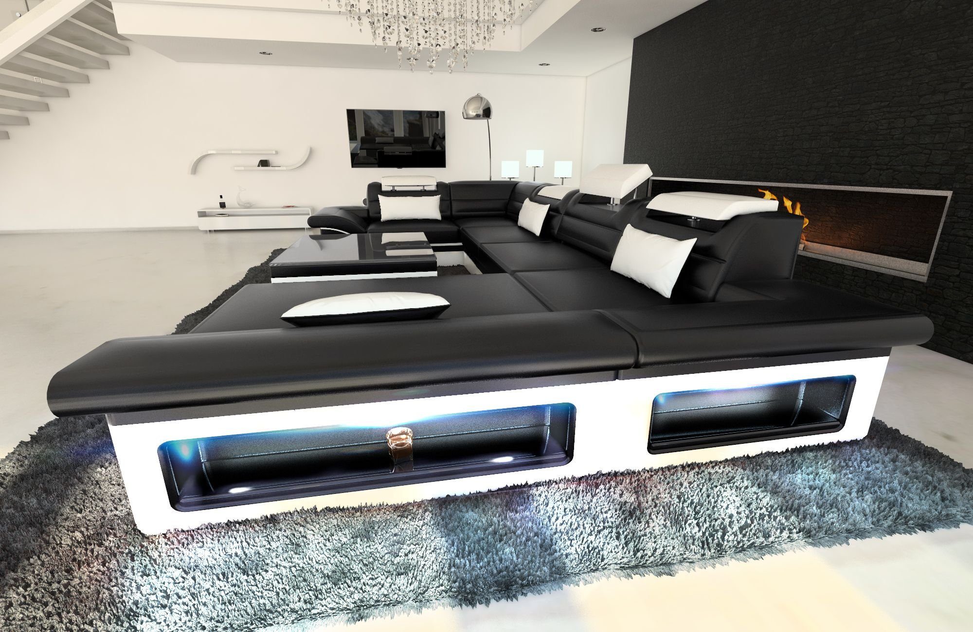 Sofa Dreams Wohnlandschaft Sofa Ledercouch Leder Enzo U Form Ledersofa, Couch, mit LED, wahlweise mit Bettfunktion als Schlafsofa, Designersofa