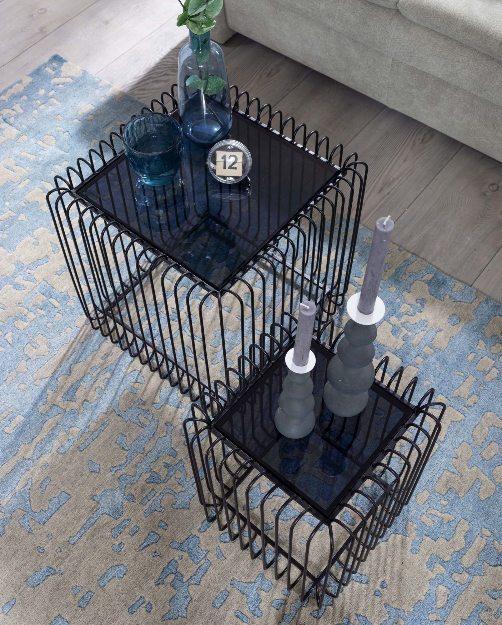 FINEBUY Satztisch FB82285 (Beistelltisch 2er Set Schwarz, Sofatisch Glas), Wohnzimmertisch Metall, Couchtisch Quadratisch