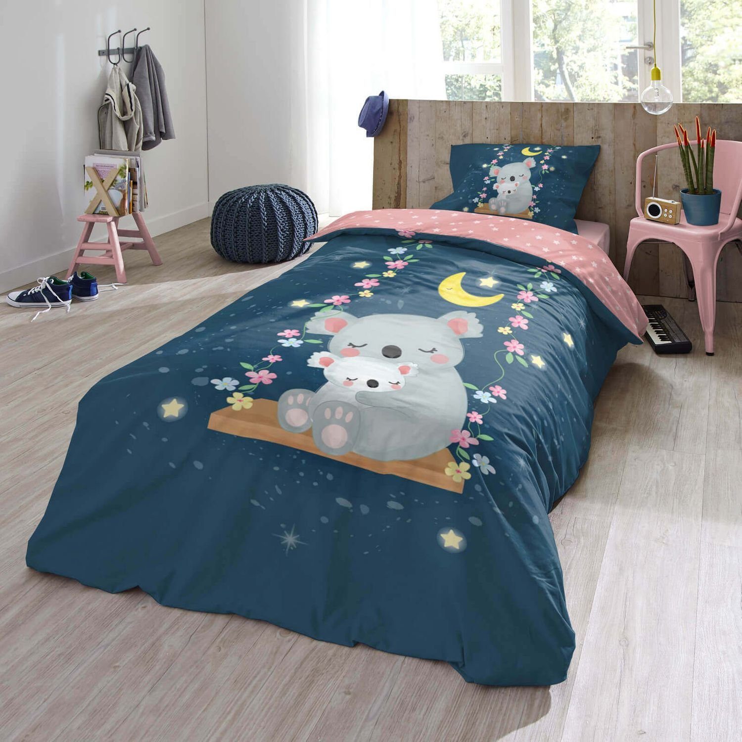 Kinderbettwäsche Schaukel Trendy Bedding, ESPiCO, Renforcé, 2 teilig, Tiermotiv, Mond, Blümchen