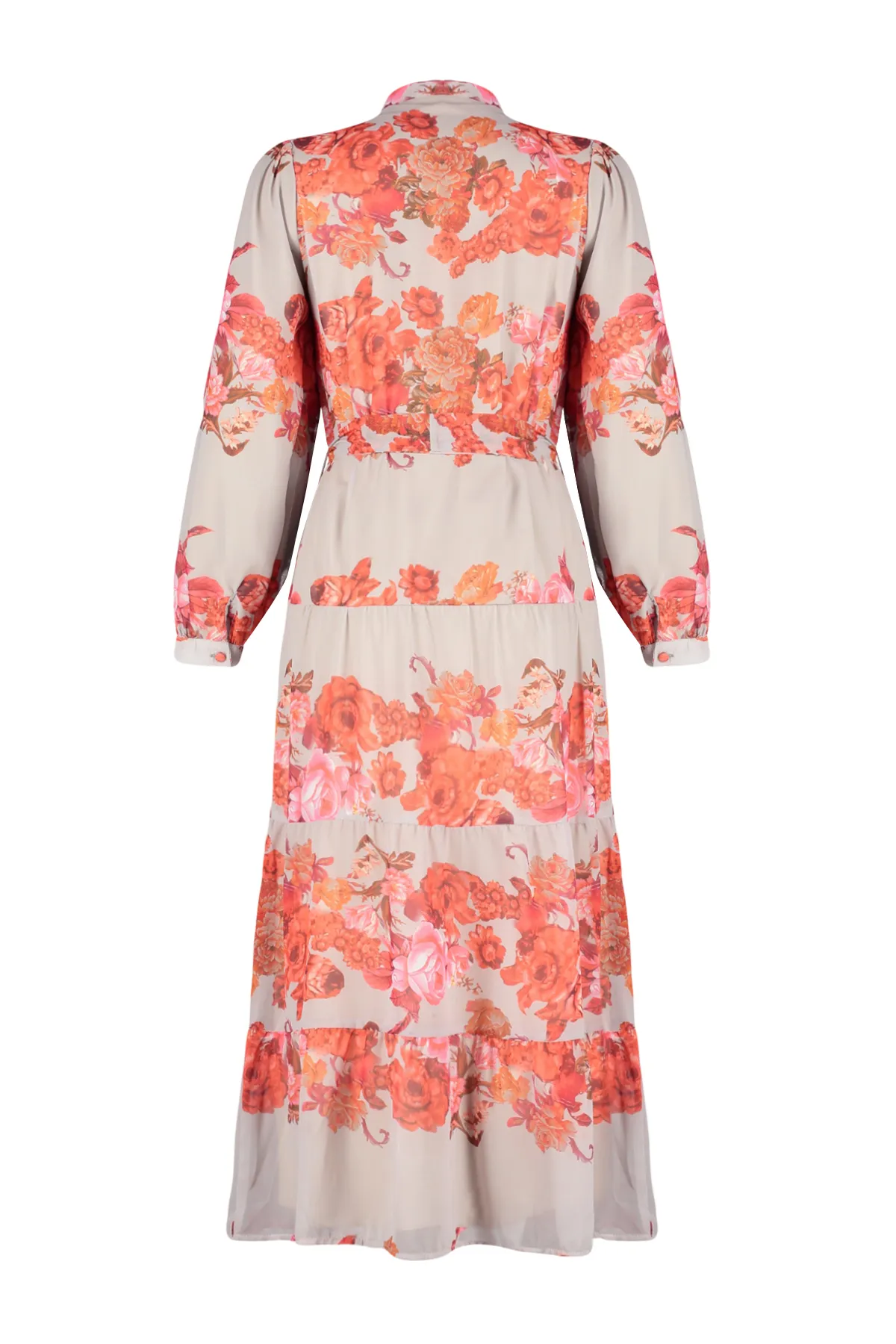 Trendyol Modest  Beigefarbenes, gefüttertes, gewebtes Kleid mit Blumenmuster und Gürtel TCTSS24EB00095