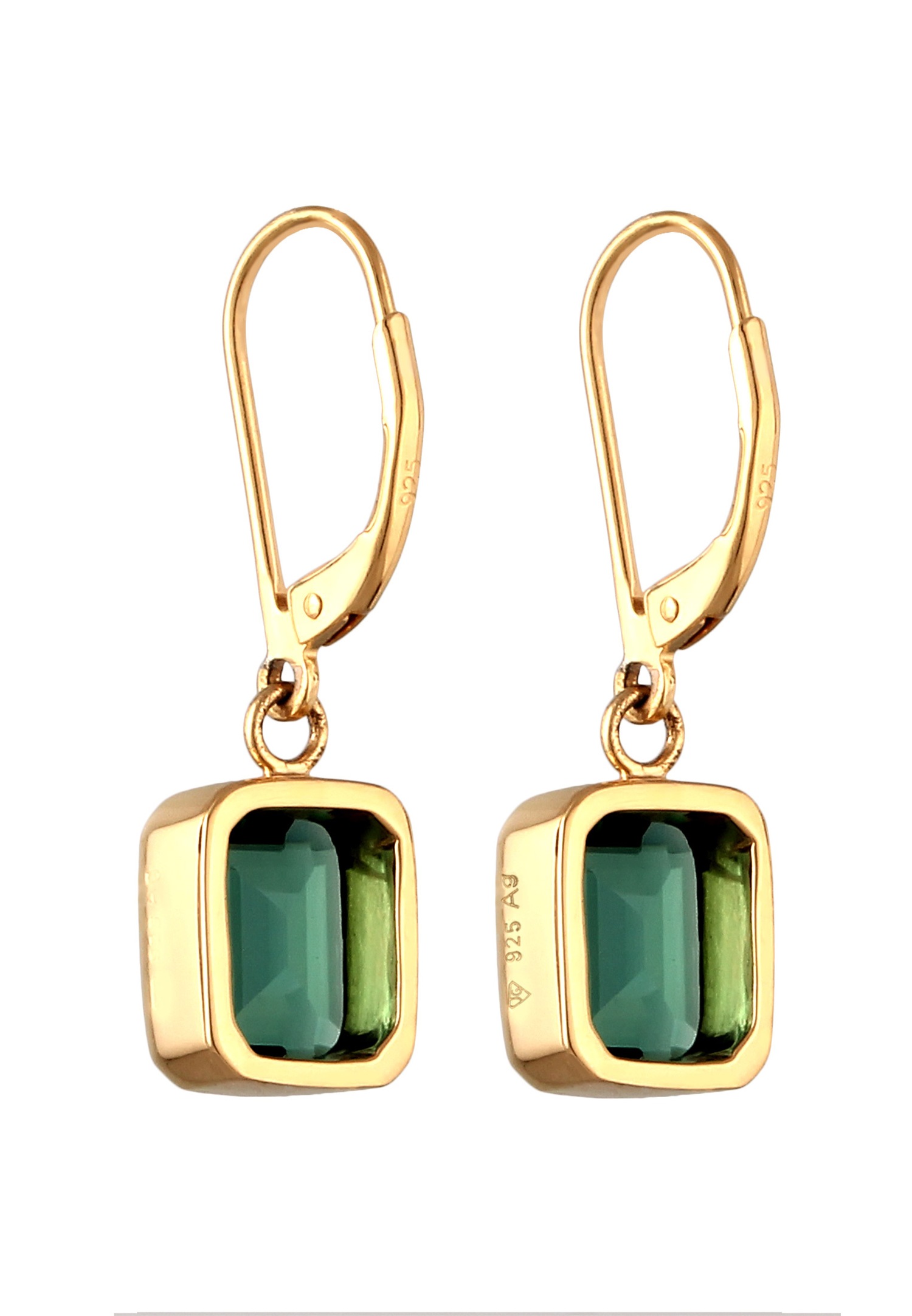 Orecchini da donna Elli PREMIUM con quarzo quadrato verde smeraldo in argento sterling 925 placcato oro, ideali per la sera.