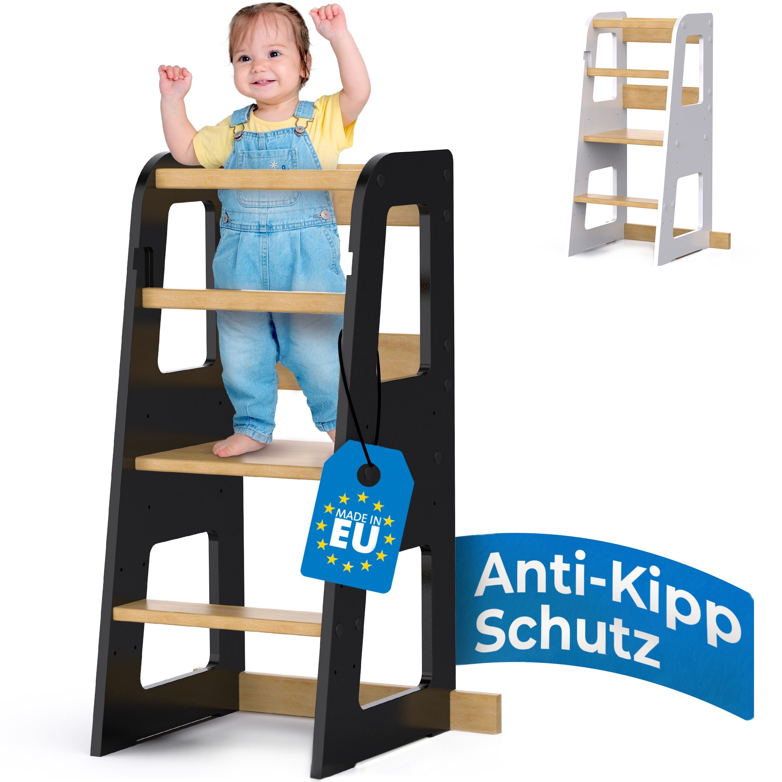 Schwanfeld Stehhilfe - Lernturm ab 1 Jahr [Anti Kipp Schutz] (inkl. Montagezubehör (Montessori Lernturm aus bruchsicherem FSC Massivholz), (bis zu 50kg belastbar), Learning Tower 3 Level (höhenverstellbar)