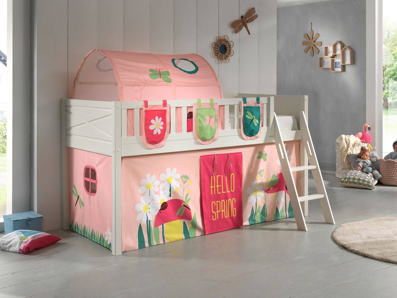 VIPACK Spielbett SCOTT, LF 90 x 200 cm, mit Rolllattenrost, Leiter und Textilset Vorhang, Tunnel und 3 Taschen 