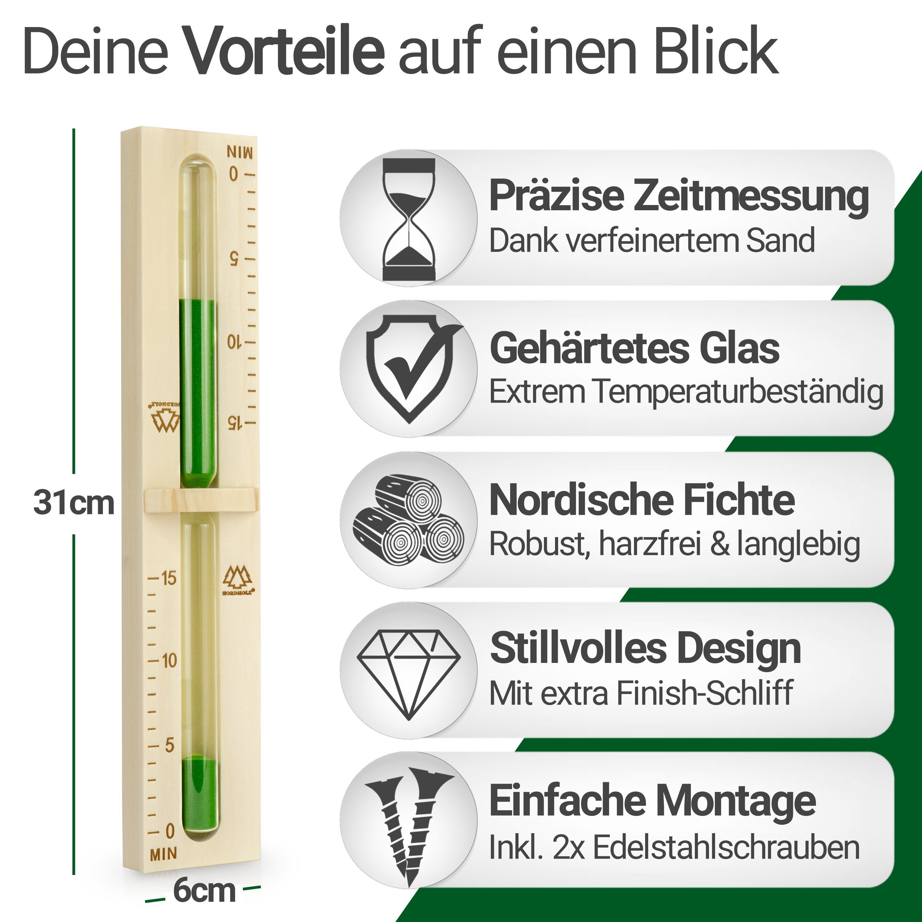 NORDHOLZ Sauna-Sanduhr Sauna Sanduhr 15 Minuten (Präzise Zeitmessung dank verfeinertem Sand)