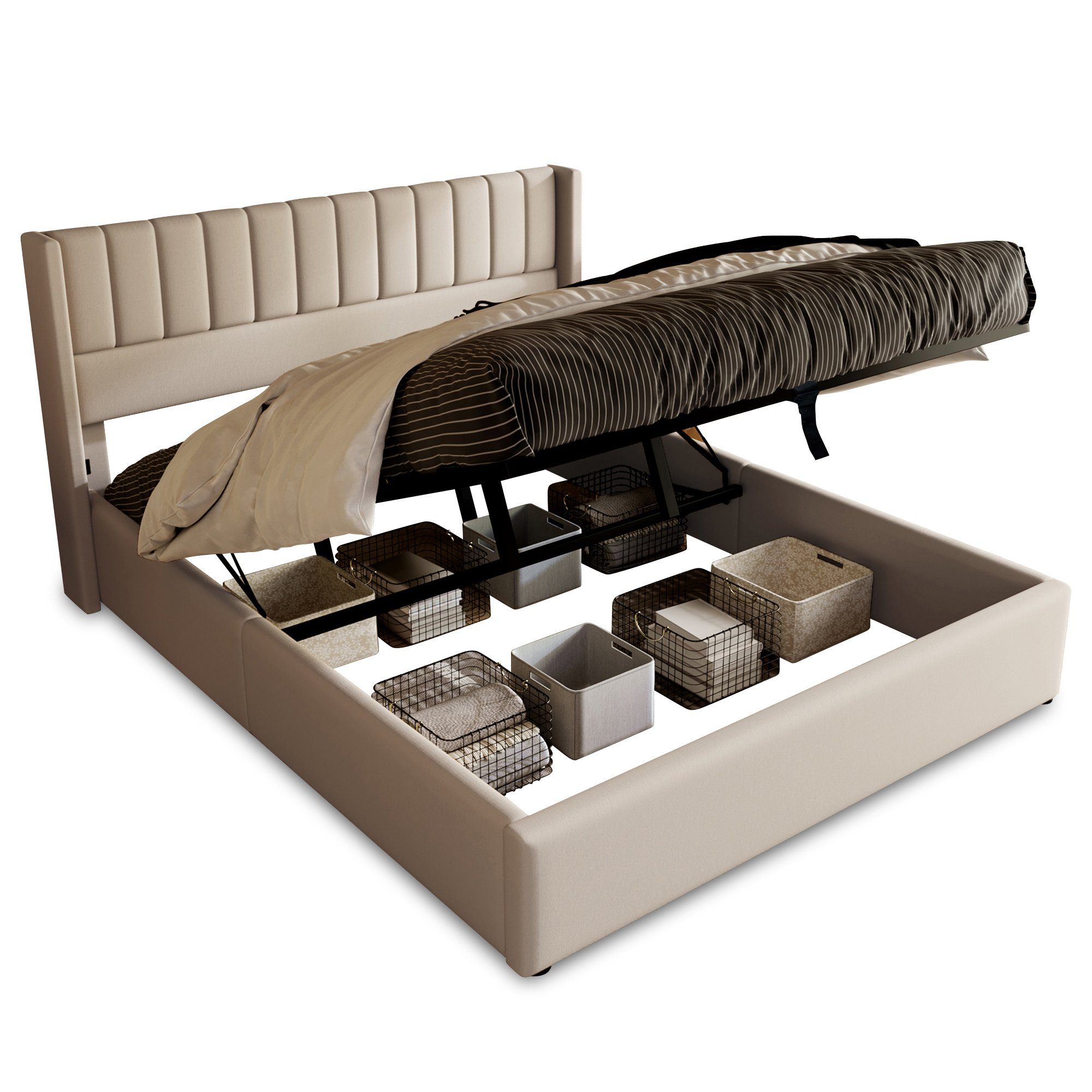 REDOM Polsterbett Stauraumbett Doppelbett (140x200cm Grau Leinen ohne Matratze), Bett mit Lattenrost aus Metallrahmen, Lattenrost aus Holz