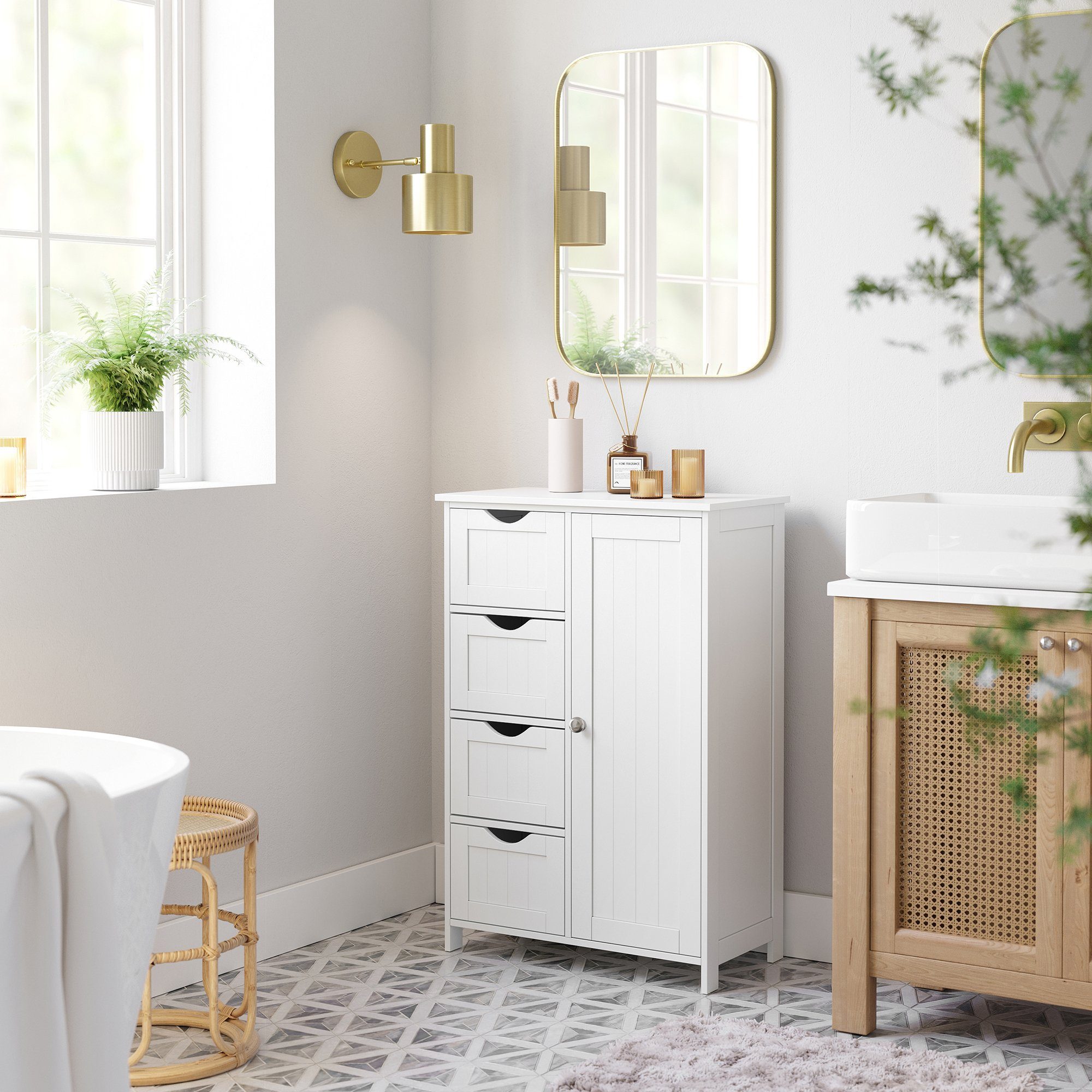 VASAGLE Badmöbel-Set Badezimmerschrank, 4 Schubladen, verstellbare Ablage