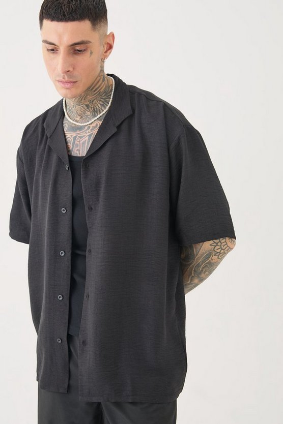 Tall kurzärmliges Oversize Leinen-Hemd in Schwarz