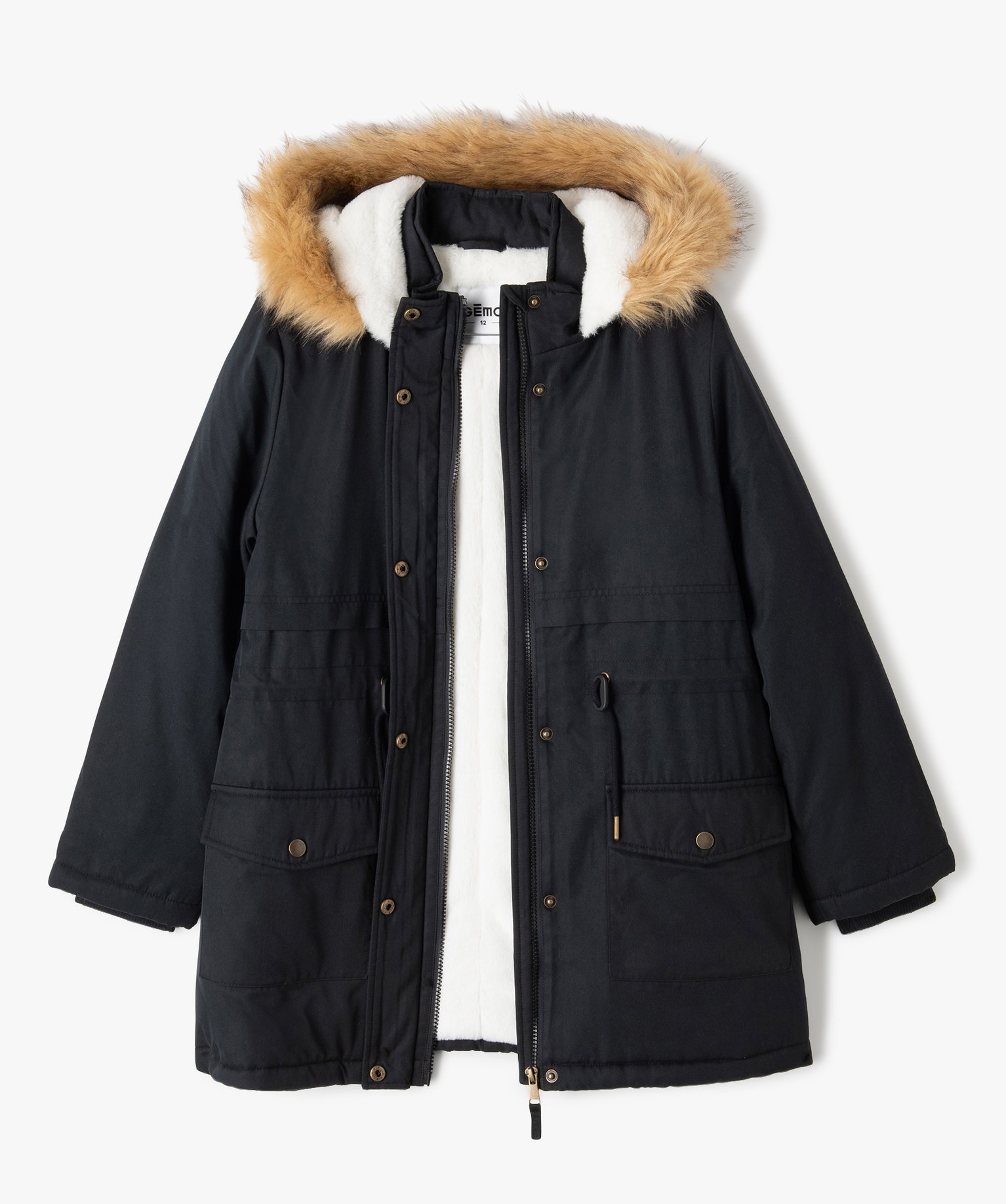 Parka en matière déperlante avec doublure peluche fille noir | GEMO