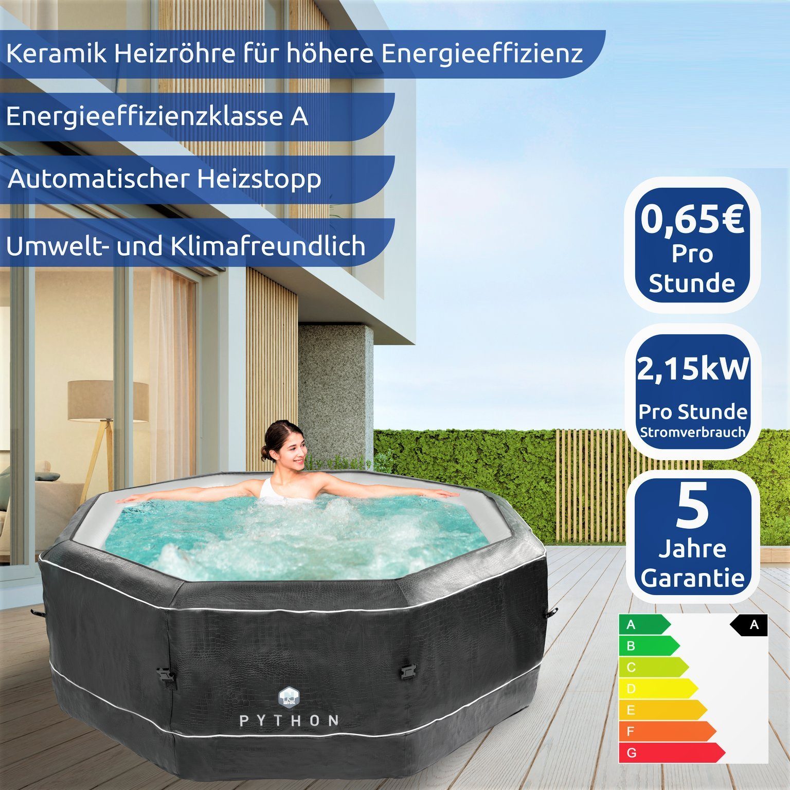JUNG Whirlpool Python aufblasbarer Whirlpool Outdoor Set, beheizt, 5 Pers., Ø 185cm, (Sprudelbad 850L, 9-tlg., mit Filterkartusche), Winterfest Komplett Set, Spa Pool, Selbstaufblasend, Bubble Wellness