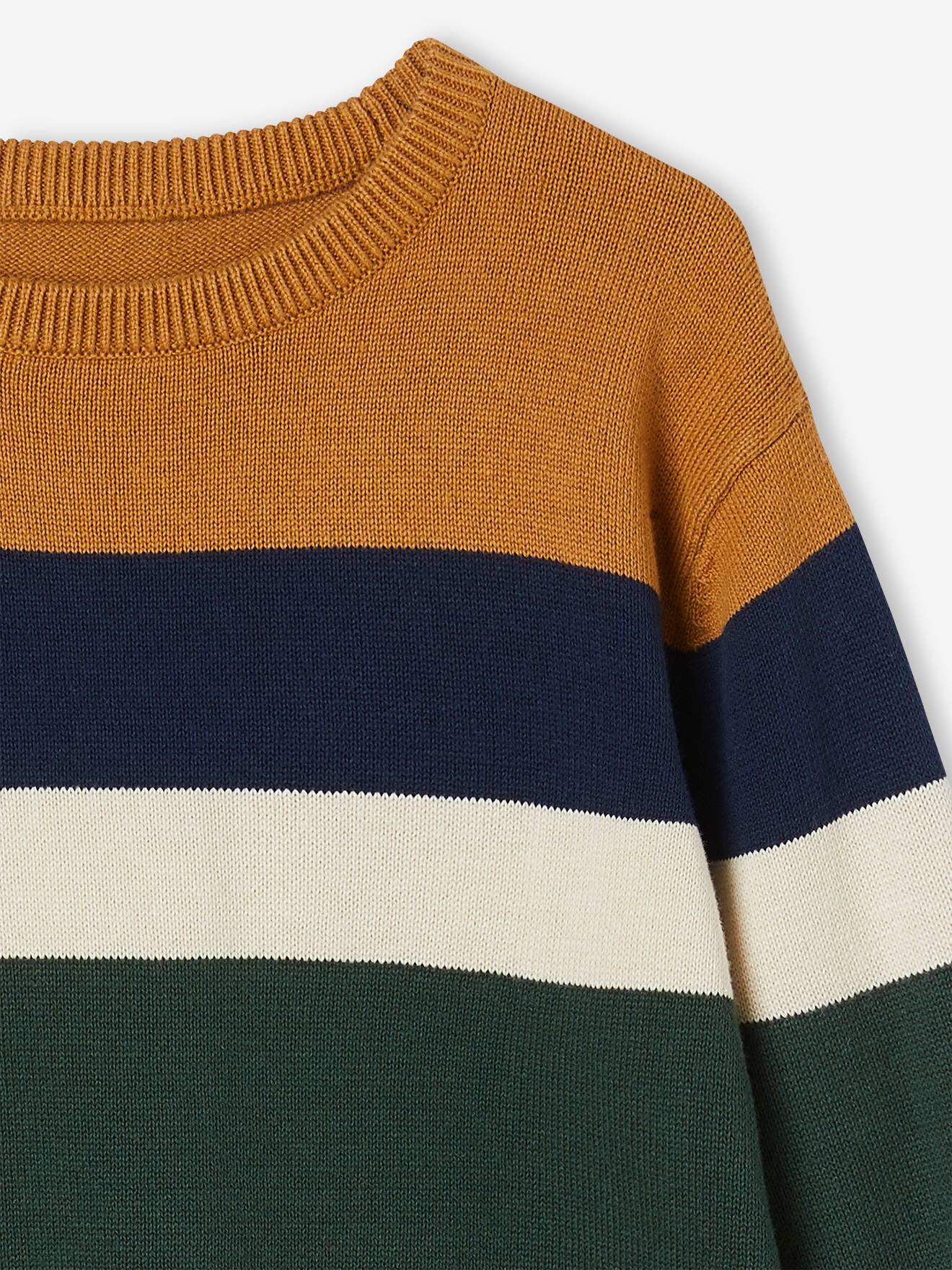 Pull colorblock rayé garçon maille fine raye vert