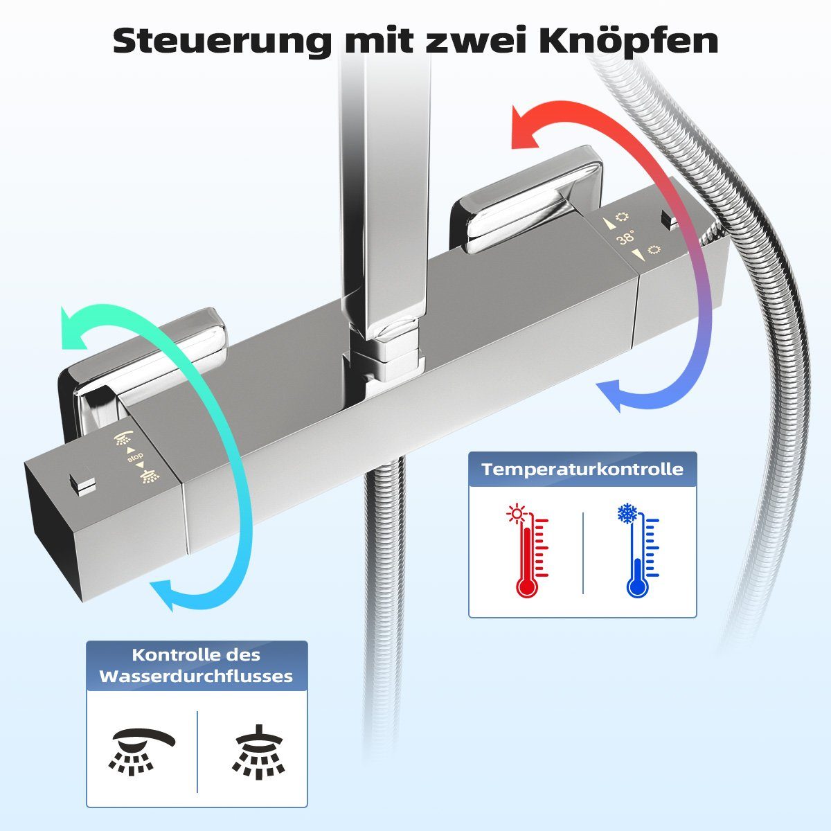 MULISOFT Duschsystem Duschset Regendusche mit Thermostat Edelstahl 30*30cm Regenduschkopf, Höhe 72 cm, 2 Strahlart(en), Brausegarnitur Duschkopf mit Schlauch,Duschstange,Duschsäule Duschset