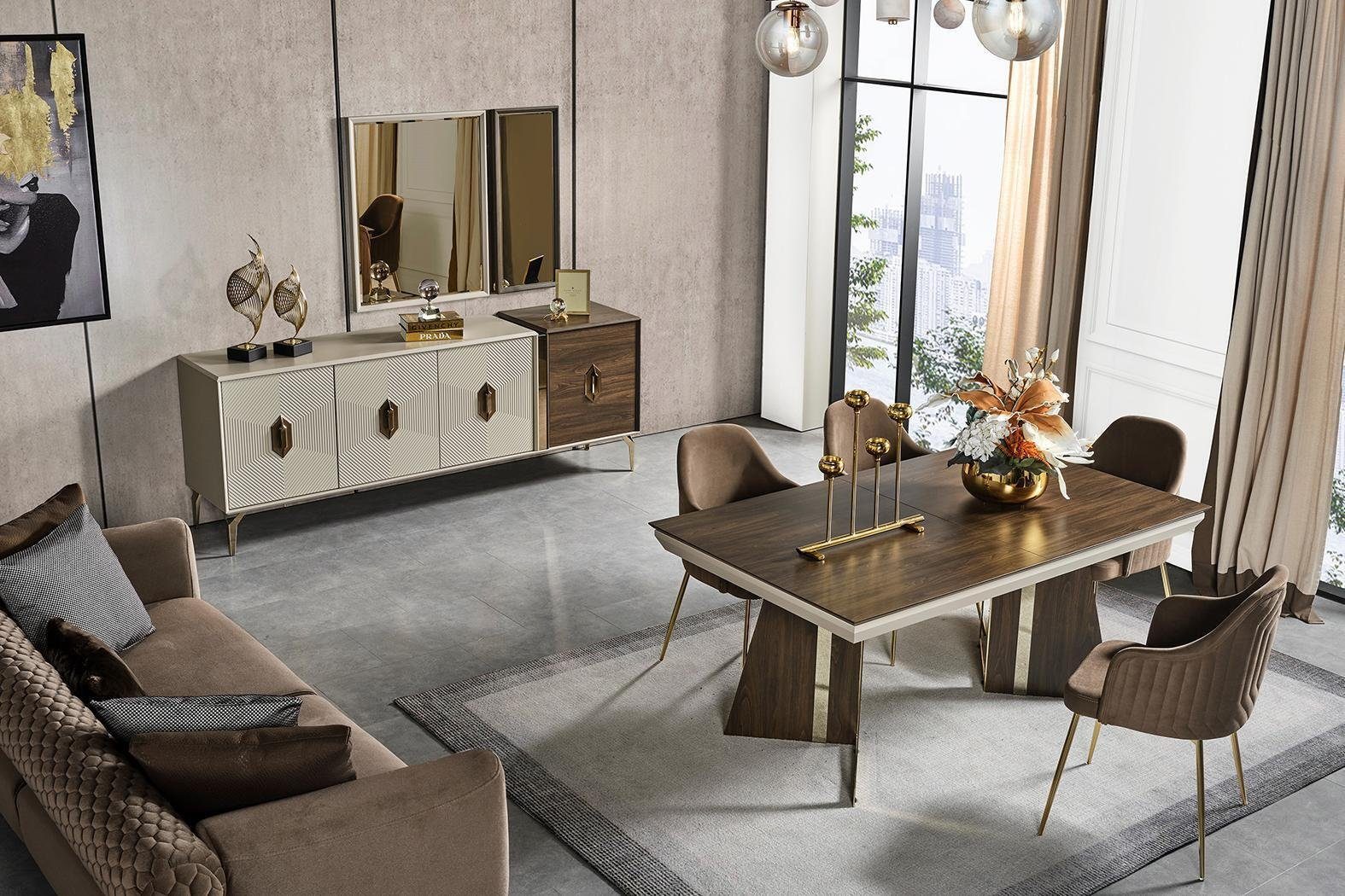 JVmoebel Esszimmer-Set Luxuriöses Esszimmer Set Stilvoler Esstisch 6x Stühle Sideboard, (9-St., Esstisch, 6x Stühle, Sideboard, Spiegel), Made in Europa