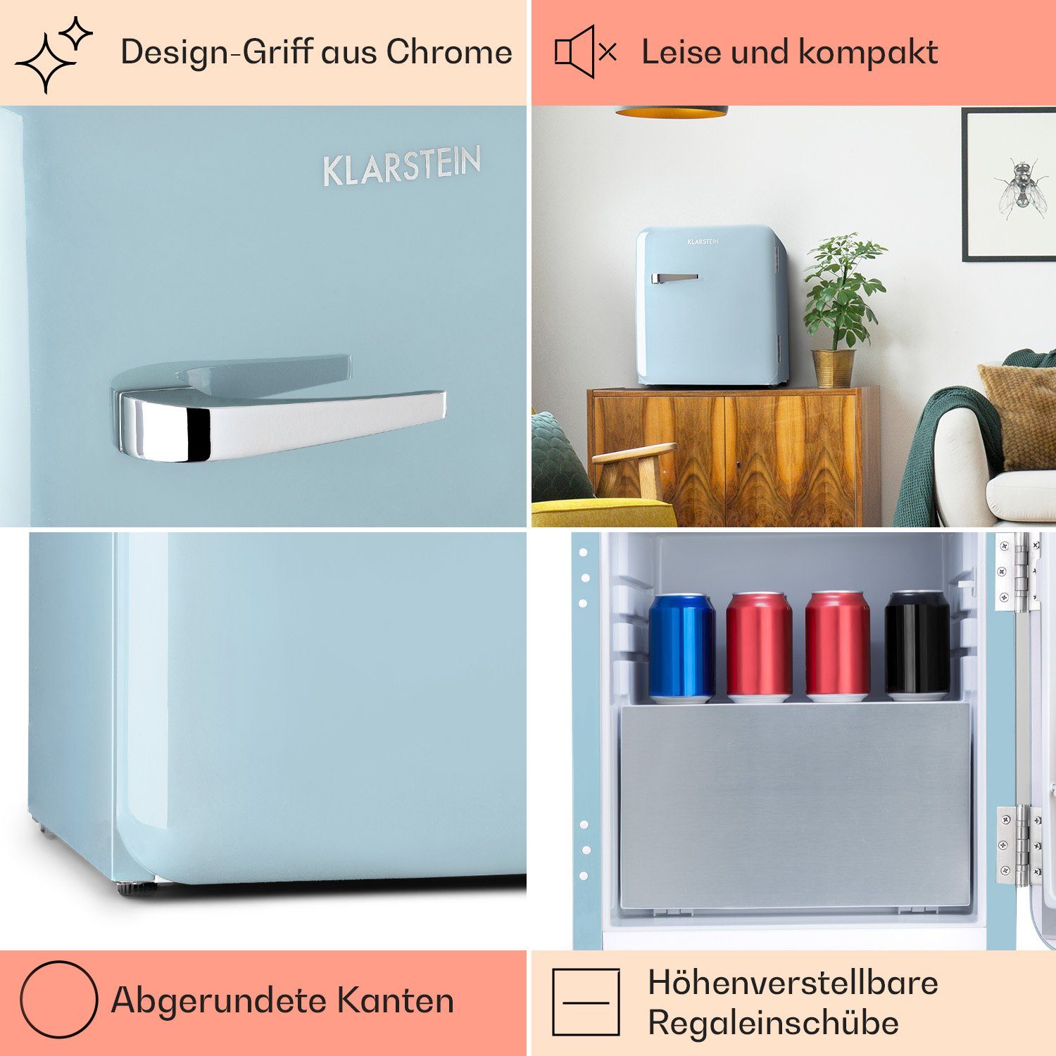 Klarstein Table Top Kühlschrank HEA13-Audrey-blue 10035309A, 50 cm hoch, 44 cm breit, Hausbar Minikühlschrank mit Gefrierfach Getränkekühlschrank klein