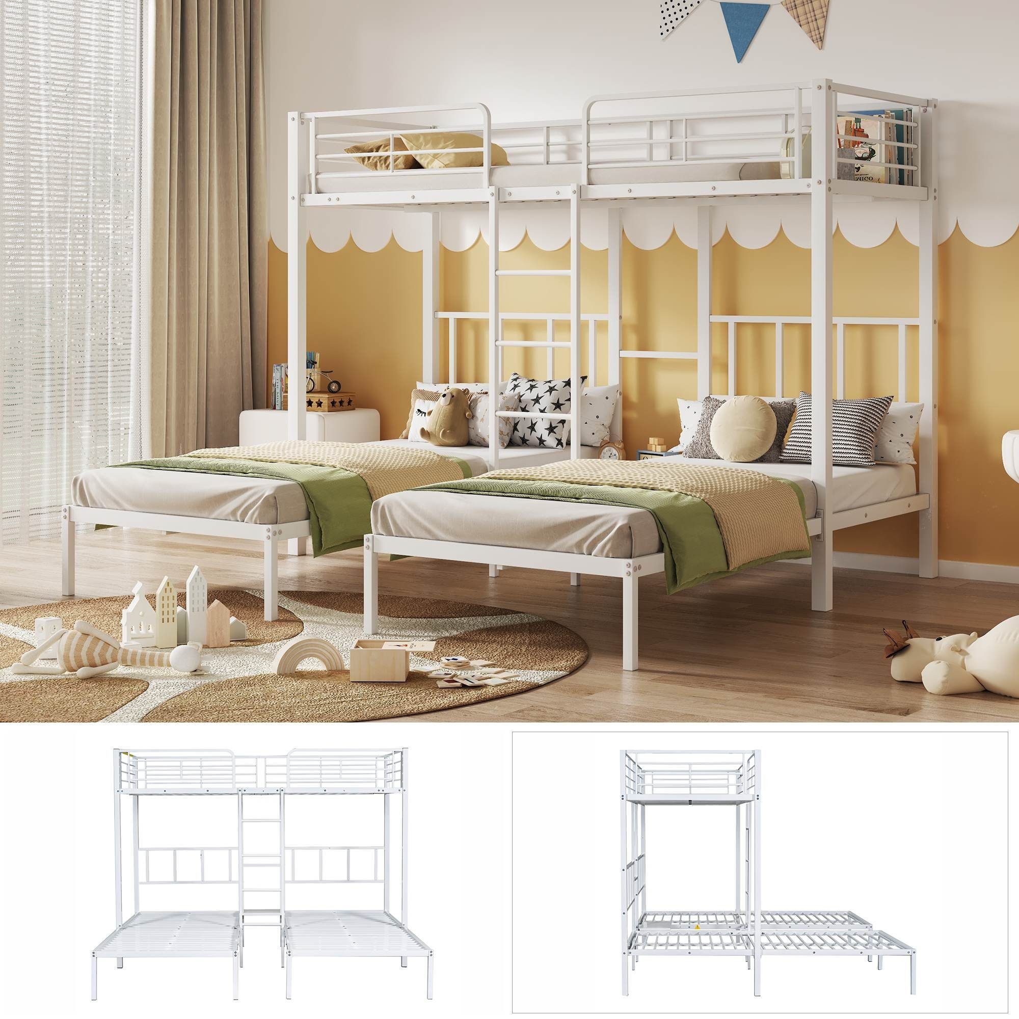 BlingBin Etagenbett Dreifaches Etagenbett mit Leiter und Schutzgitter (1er Set, 1-St., Dreierbett), Eisenbett mit Fallschutzgitter
