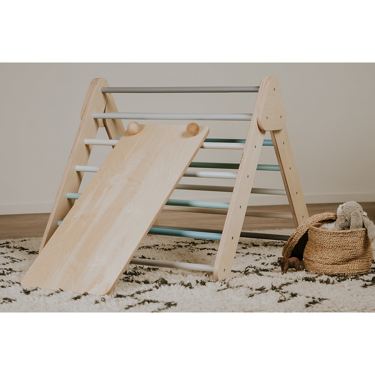 Klettergerüst mit Rampe und Rutsche Indoor, Kletterdreieck aus Holz, Klettern Innnen Kleinkind