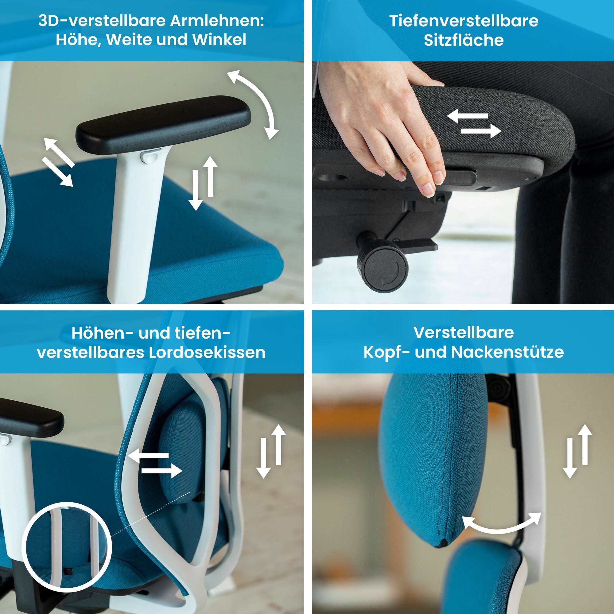 Ergotopia Bürostuhl MasterBack ergonomischer Schreibtischstuhl mit Kopfstütze (bereits montiert), 3D Neigungsmechanik, Synchronmechanik, 3D Armlehnen