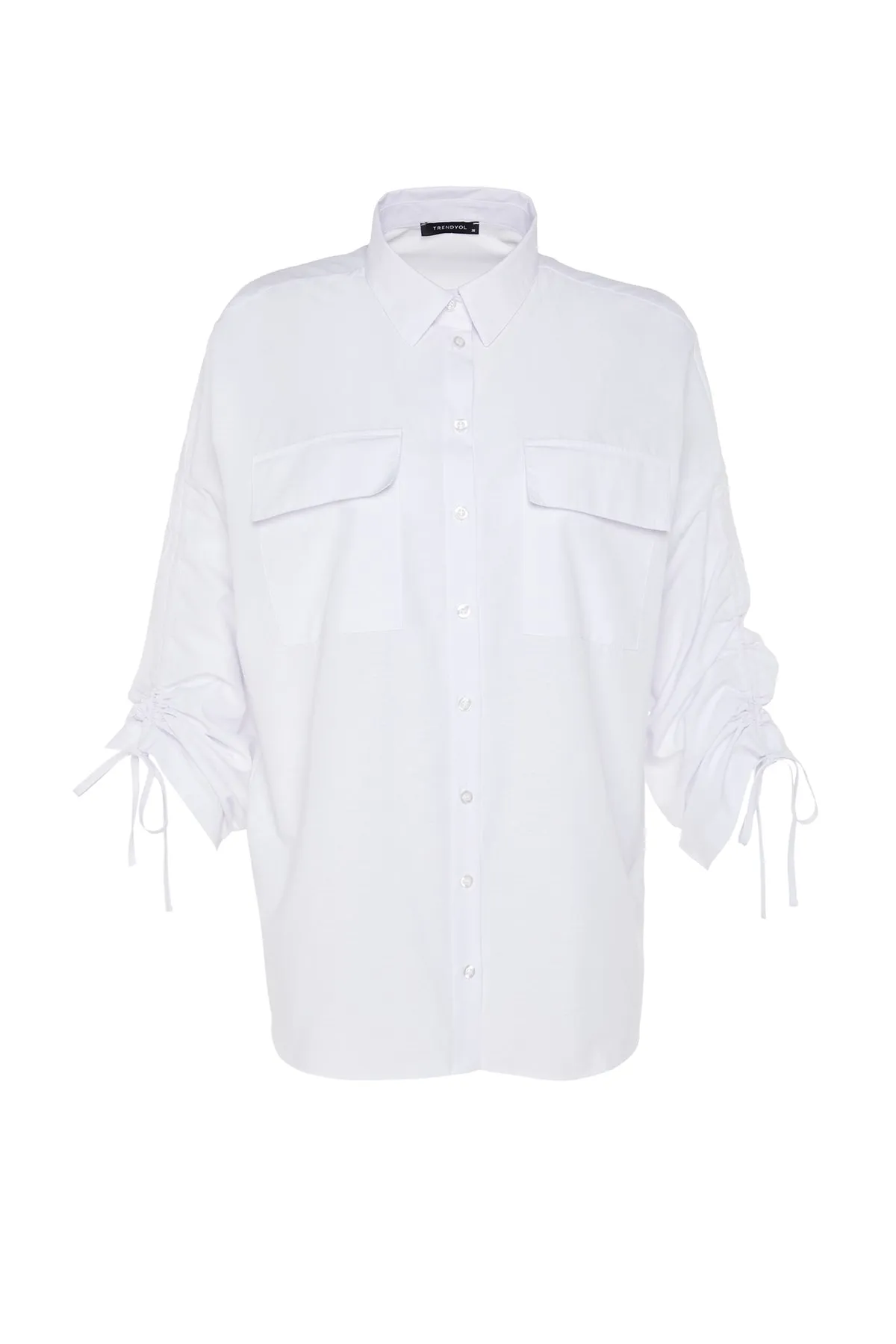 Trendyol Modest  Weißes Hemd aus gewebter Baumwolle mit verstellbaren Ärmeln und Kordelzugdetail TCTSS23TG00011