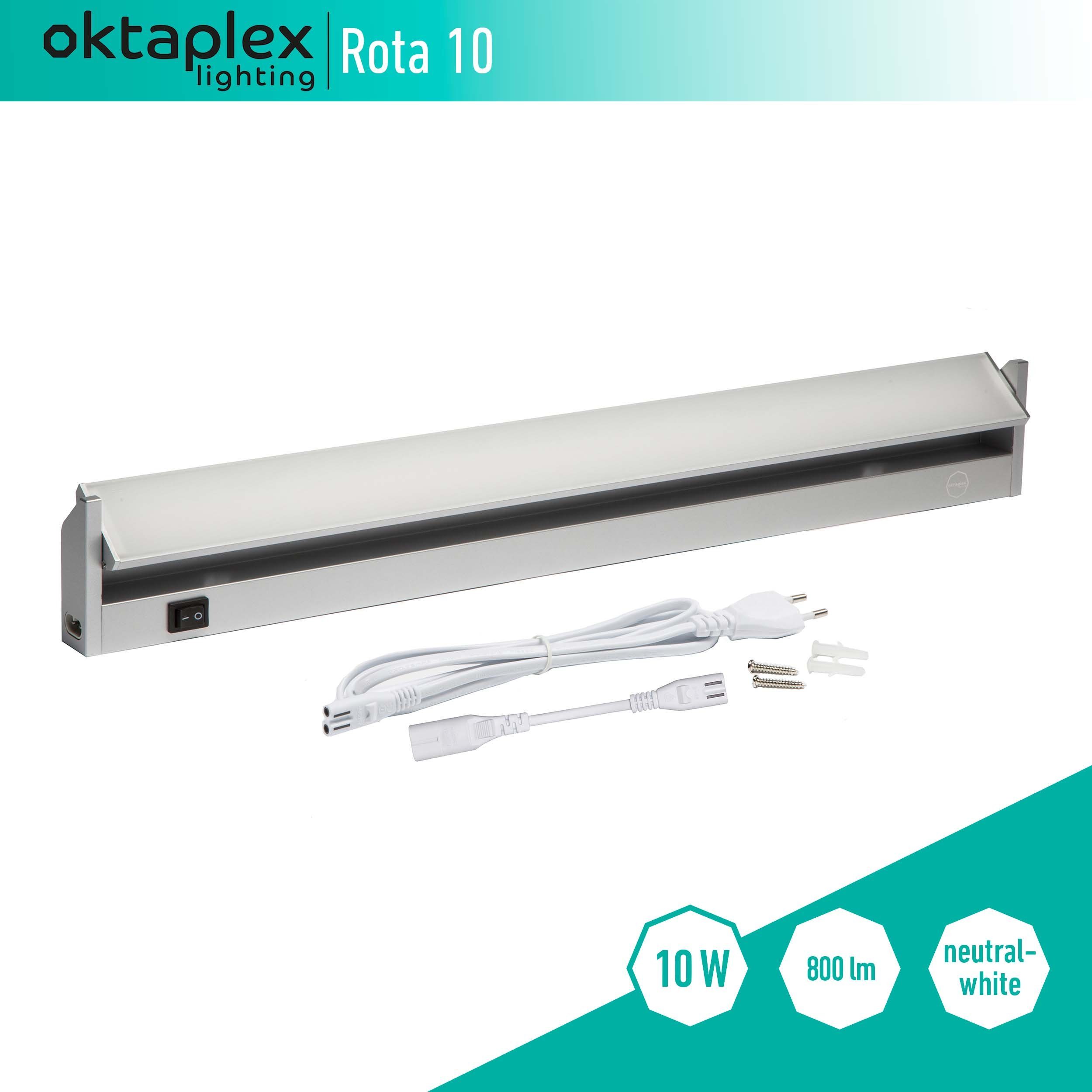 Oktaplex lighting LED Unterbauleuchte Rota 10W 58cm 230V Unterschrankleuchte LED, schwenkbar, LED fest verbaut, Neutralweiß, 4000K Küche Lichtleiste Aluminium mit Schalter