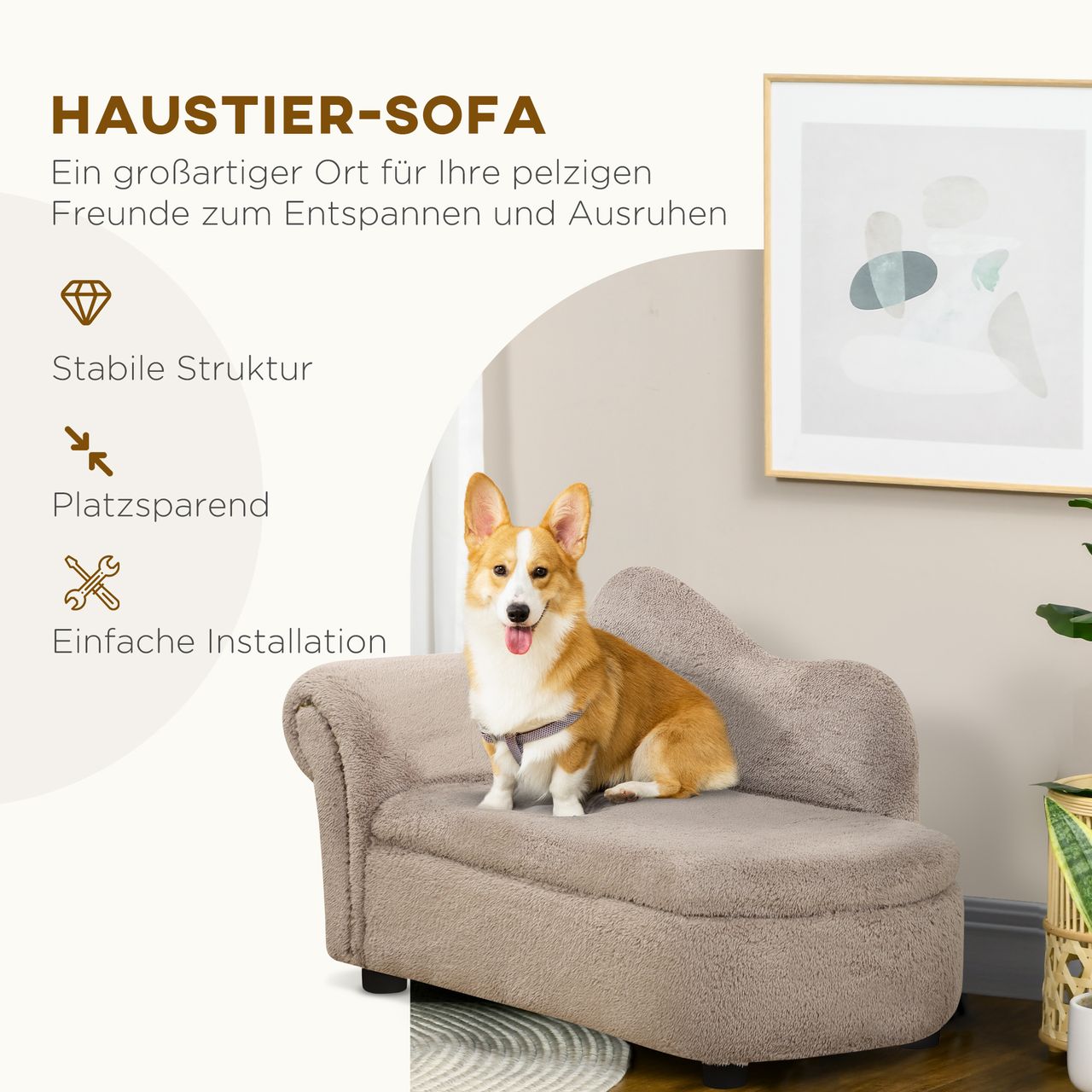 PawHut Hundesofa, Haustiersofa mit Stauraum, Hundebett in Samtoptik, Beige