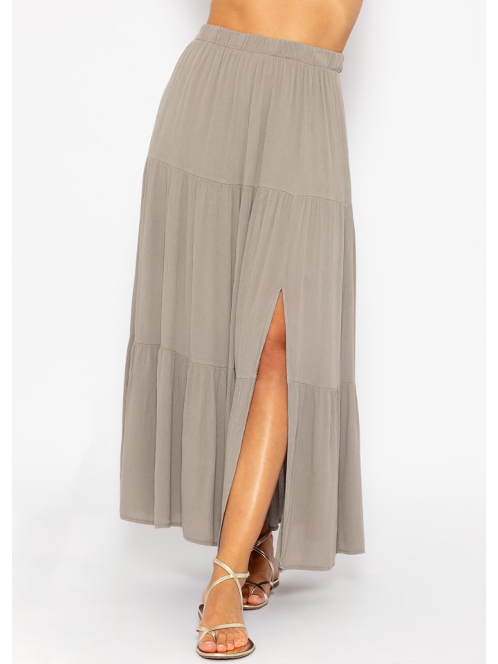SASSYCLASSY Maxi Volantsrock in Crinkle-Optik in Taupe günstig kaufen