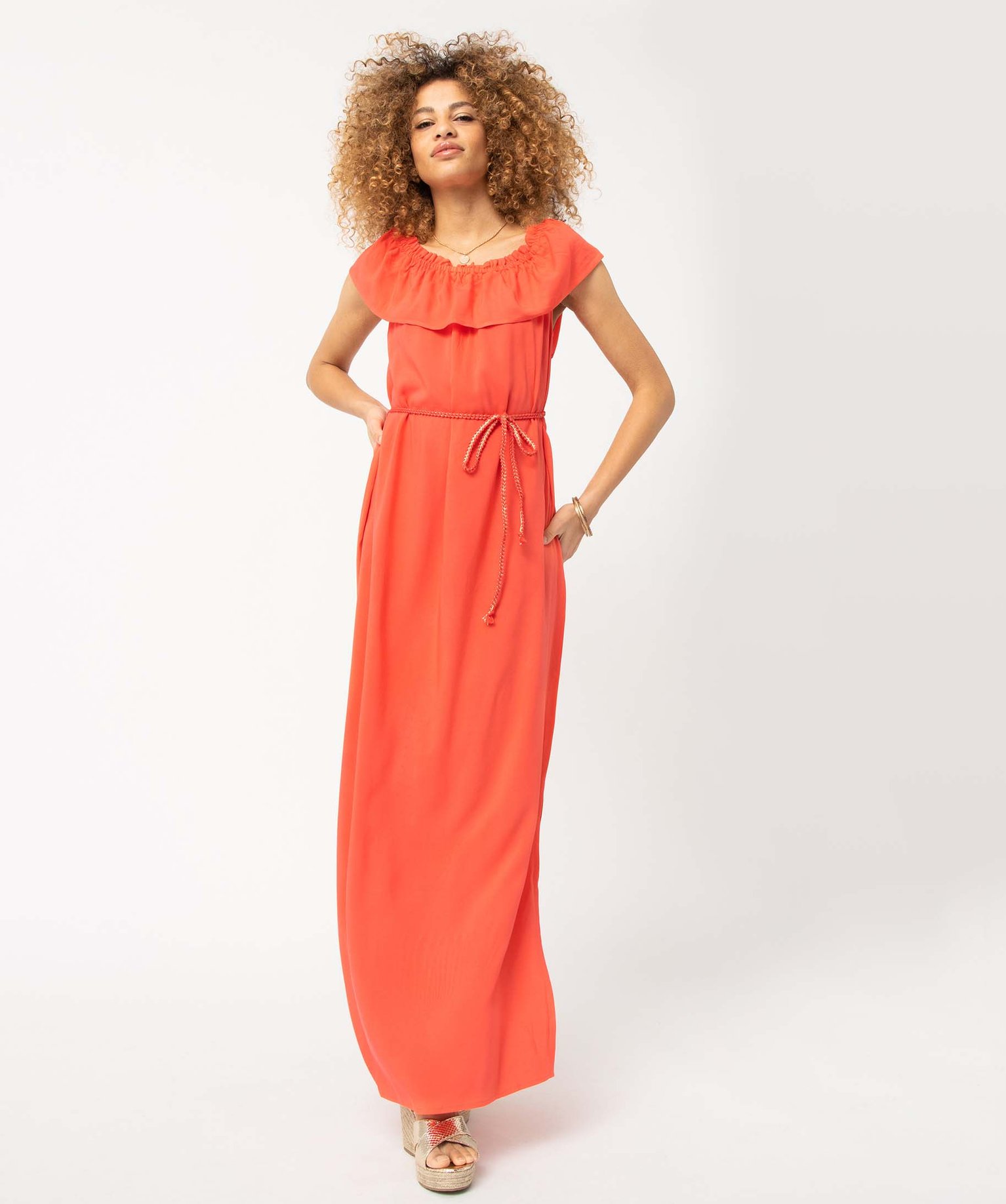 Robe femme longueur chevilles avec large volant sur le col imprime | GEMO