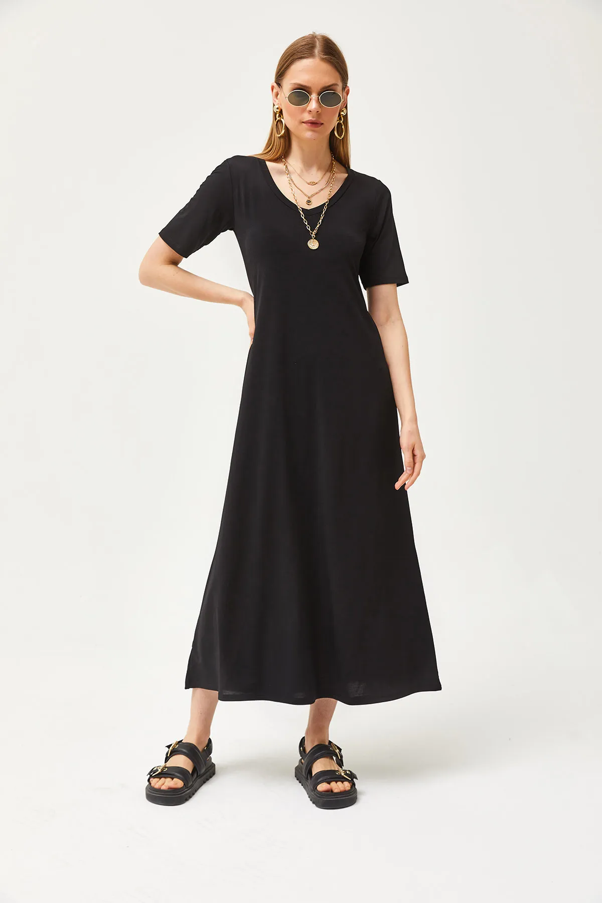 Olalook  Schwarzes lässiges Maxikleid mit V-Ausschnitt für Damen ELB-19002076