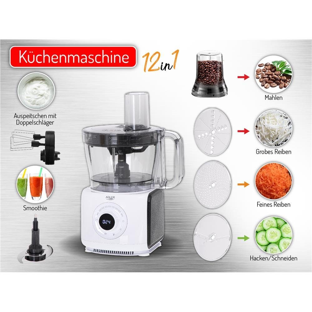Adler Küchenmaschine AD 4224, 2000W, 3,5L, 12in1 Multifunktionales Küchengerät mit LCD-Anzeige