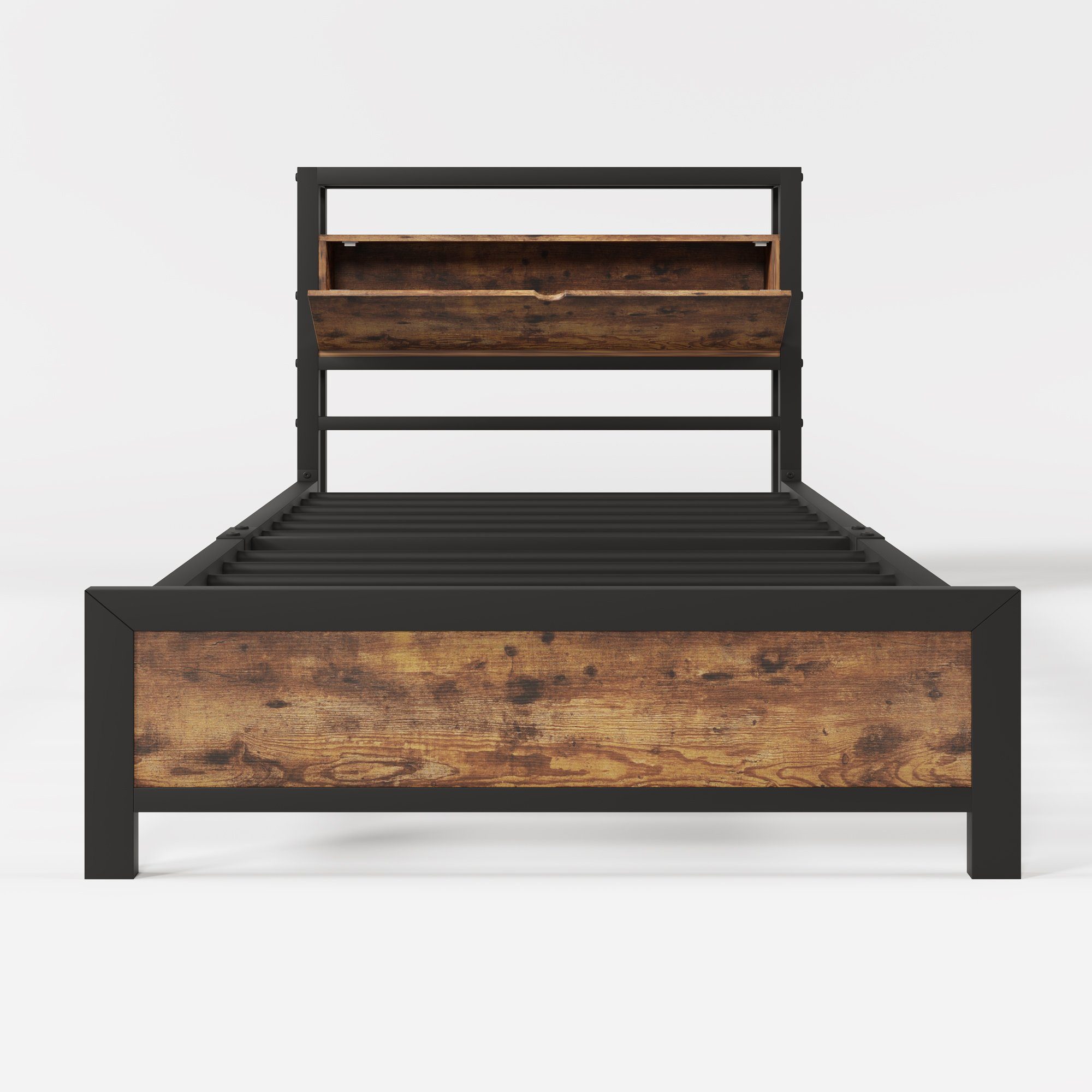 Flieks Metallbett, Einzelbett mit Stauraumfach 90x200cm Eisen Bettgestell