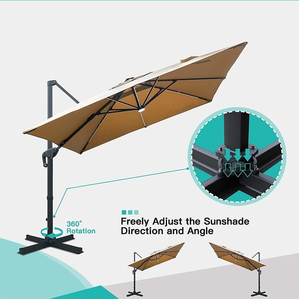 Melko Sonnenschirm Sonnenschirm Kurbelschirm 300 x 300 cm Ampelschirm LED Gartenschirm, neigbar, drehbar, platzspraned verstaubar