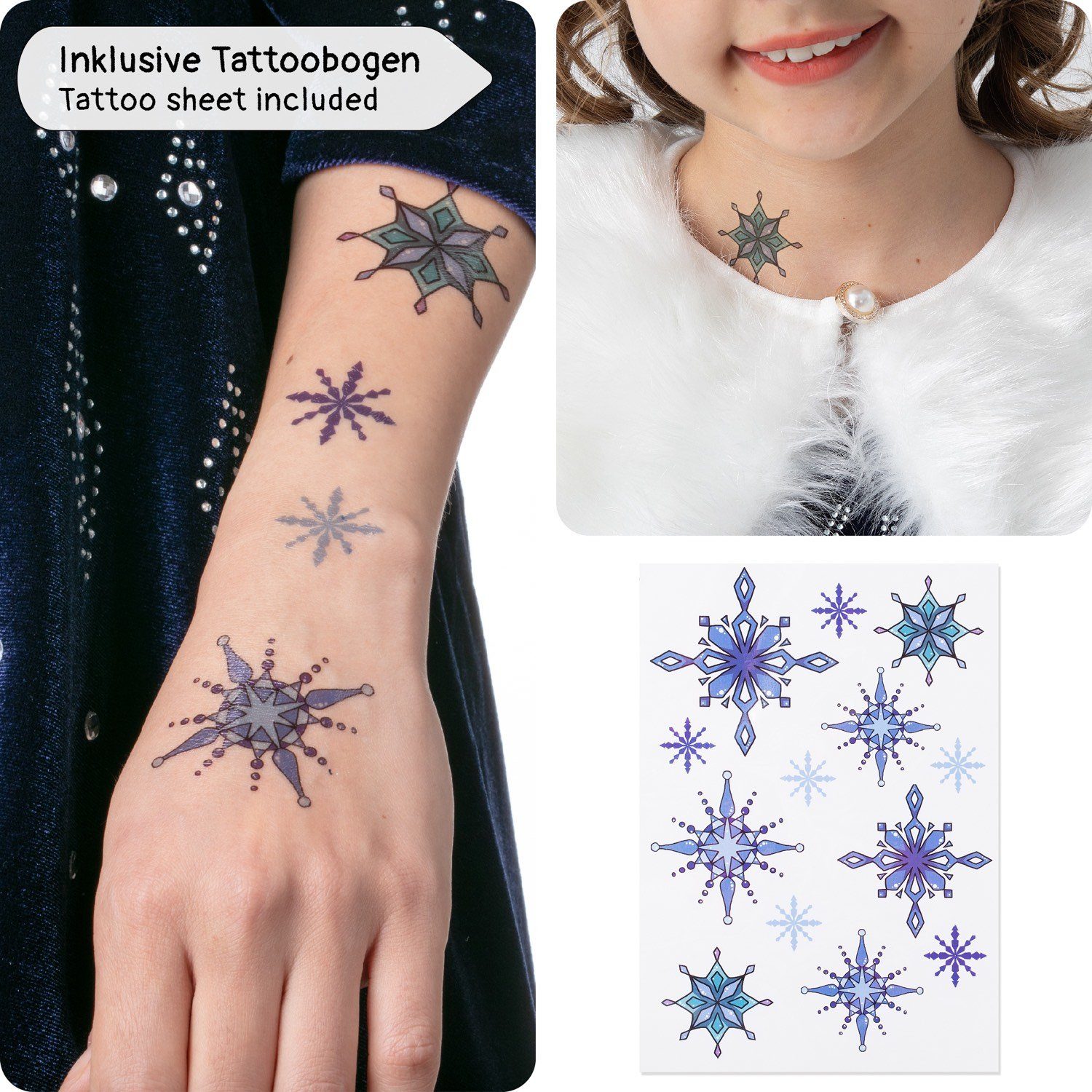 Corimori Prinzessin-Kostüm Elastisches Stella Eiskönigin Kostüm Kleid, mit Tattoos & Diadem, Prinzessinenkleid für Fasching, dunkel-blau