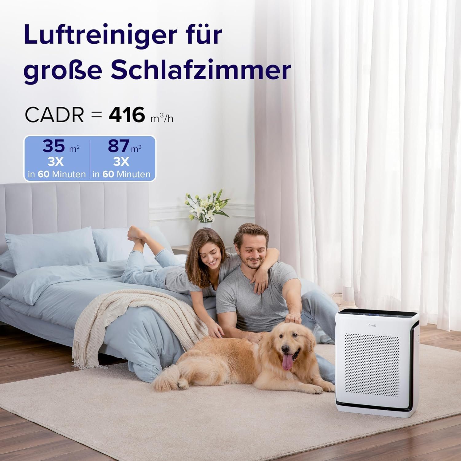 Levoit Luftreiniger Allergiker mit Tiermodus, CADR 416m³/h bis 87, für 87 m² Räume, Effektiver Dualsensor & HEPA-Luftfilter gegen Tierhaare Gerüche Pollen