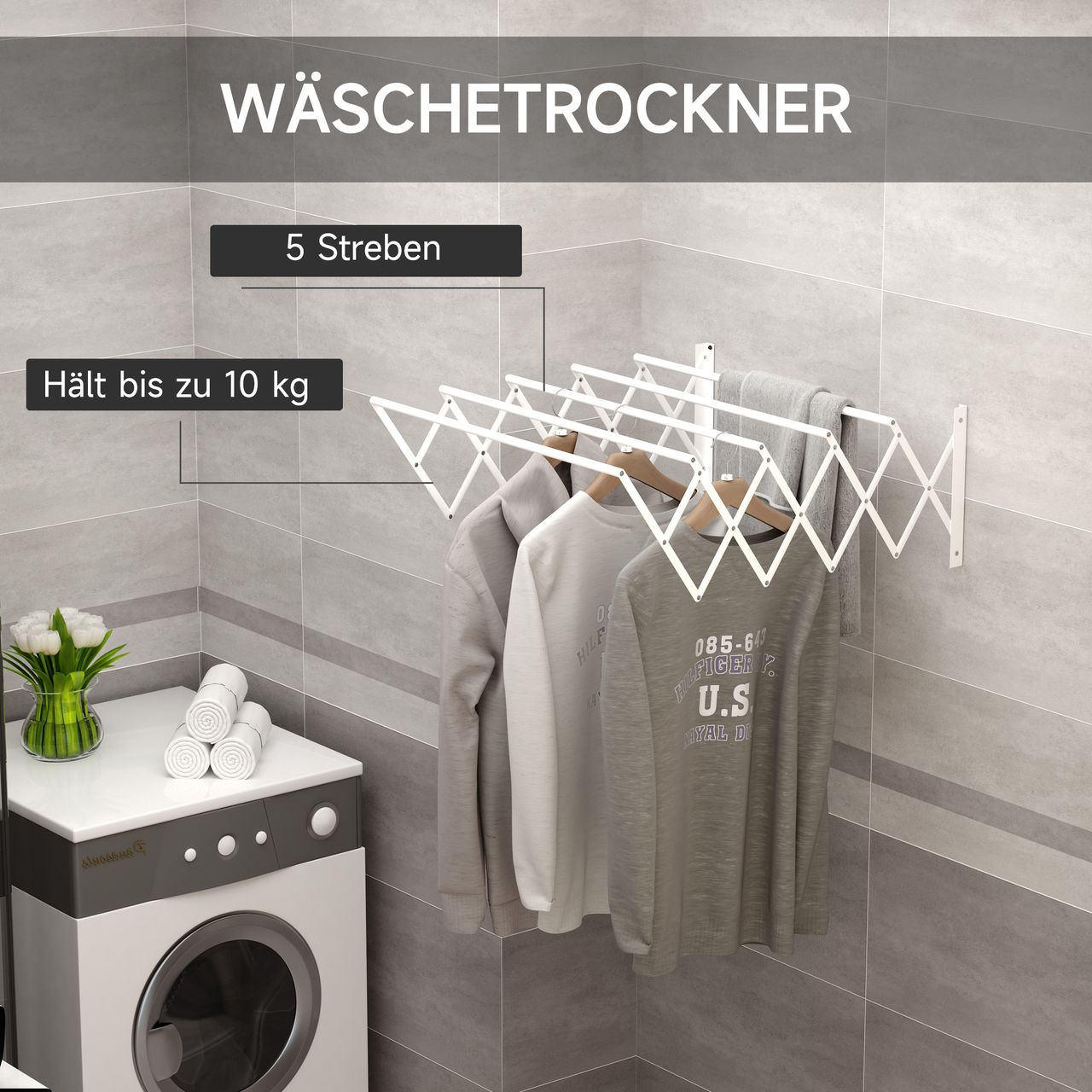 HOMCOM Wandtrockner Wäscheständer für Wandmontage Wandwäschetrockner ausziehbar klappbar platzsparender Wäschereck für kleine Haushalte für drinnen und draußen Metall Weiß 63,5 x 60 x 20 cm