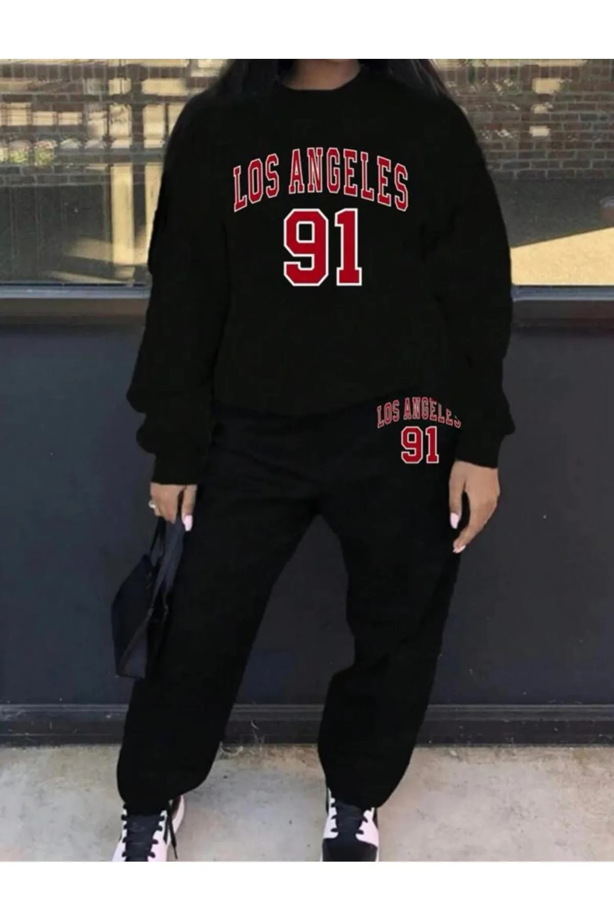 My Blog  Schwarzes bedrucktes Los Angeles 91-Trainingsanzugset für Damen
