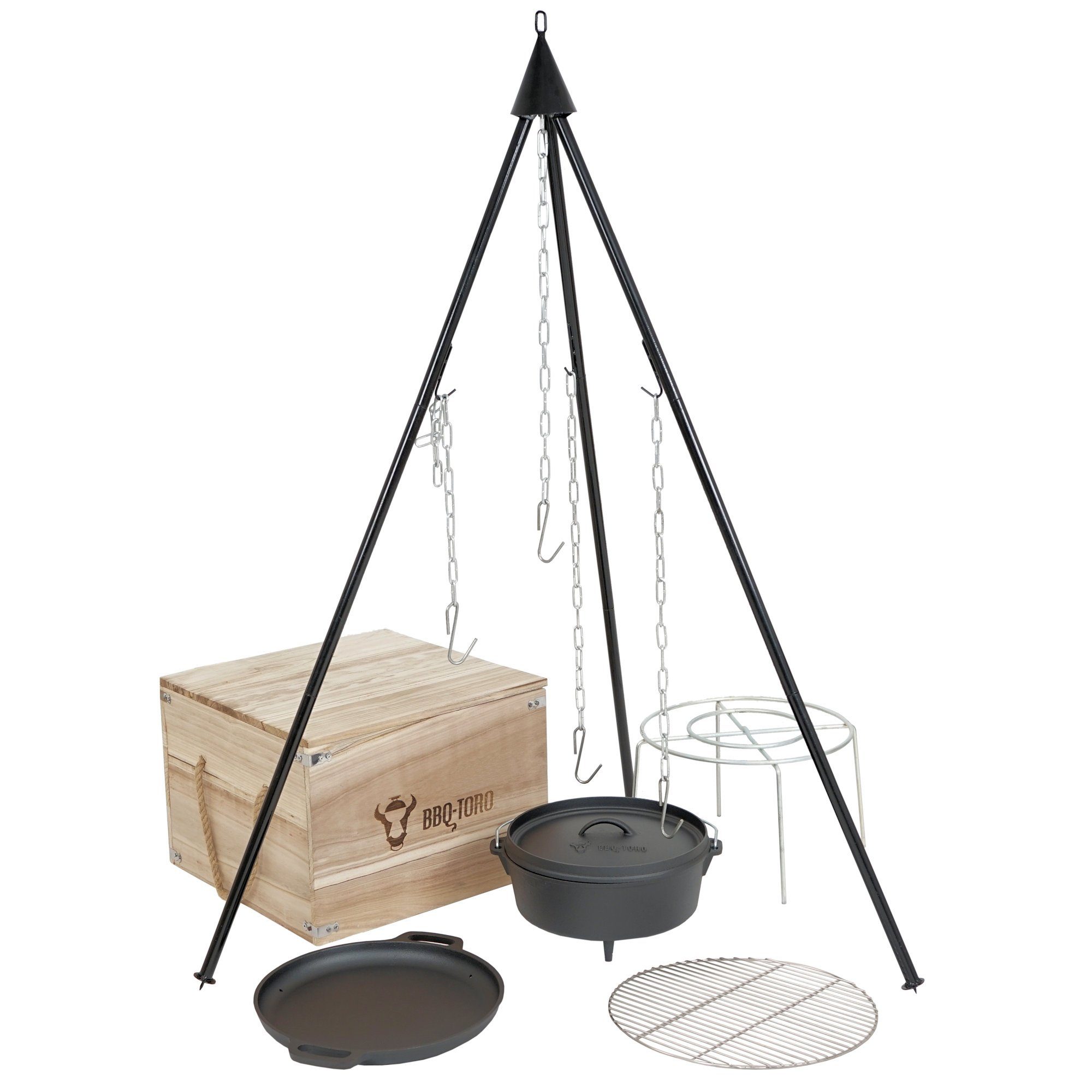 BBQ-Toro Holzkohlegrill Dutch Oven Kit in Holzkiste, 6-tlg. Gusseisen Kochset, Grillzubehör